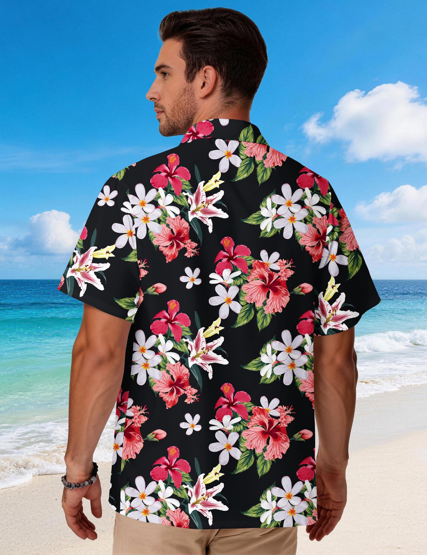 Men's Hawaiian Shirt Short Sleeve with Pocket - Black Tropical