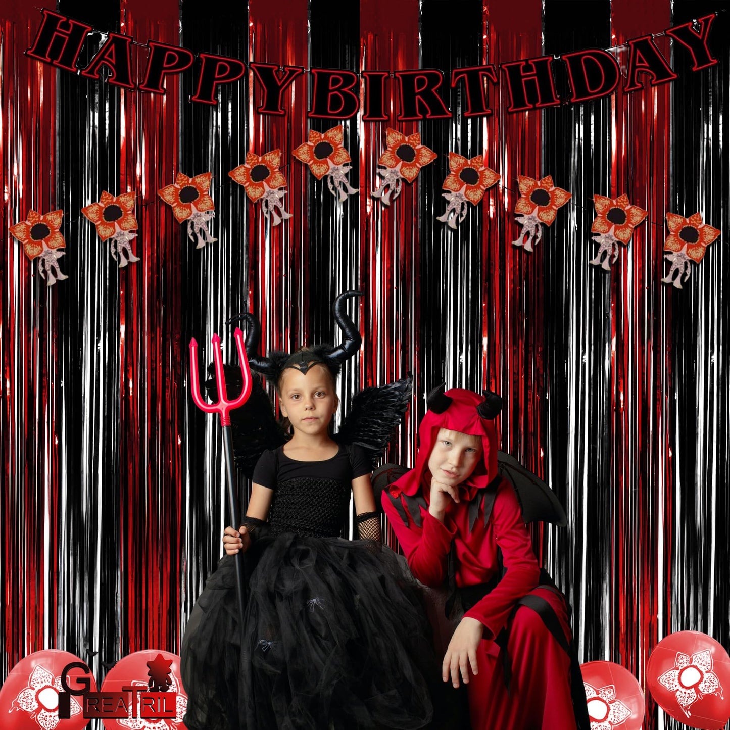 Black Red Foil Fringe Backdrop - GREATRIL Party Tinsel Curtain Streamers for Halloween Horror Stranger Casino Graduation Birthday Party - 1m X2.5m - 2 Packs
