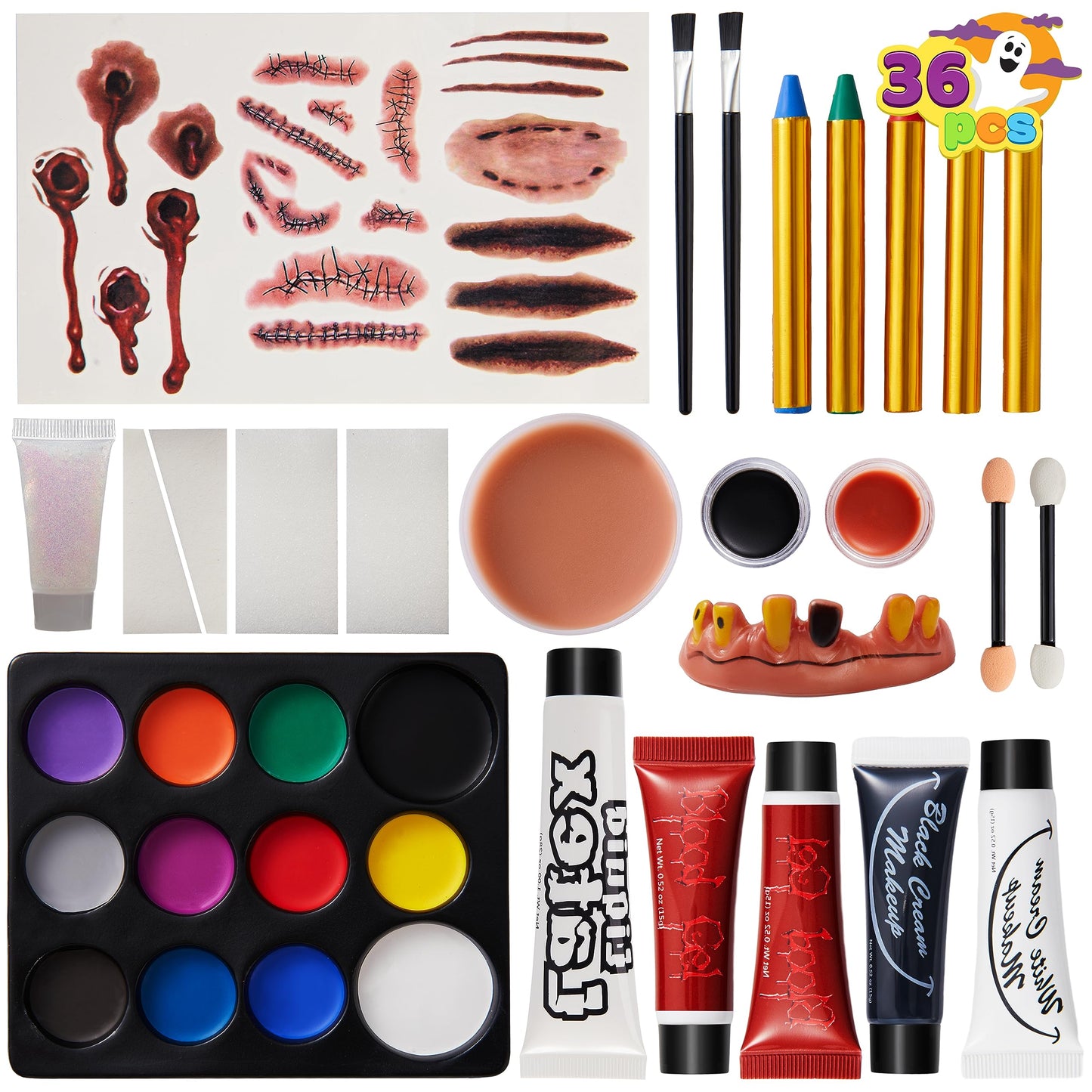 JOYIN 36 Pcs Halloween Face Paint Kit Makeup Set for Body Painting Party Cosplay Special Effects, All-in-1 Face Paint Palette Crayons Brushes Tooth Wax