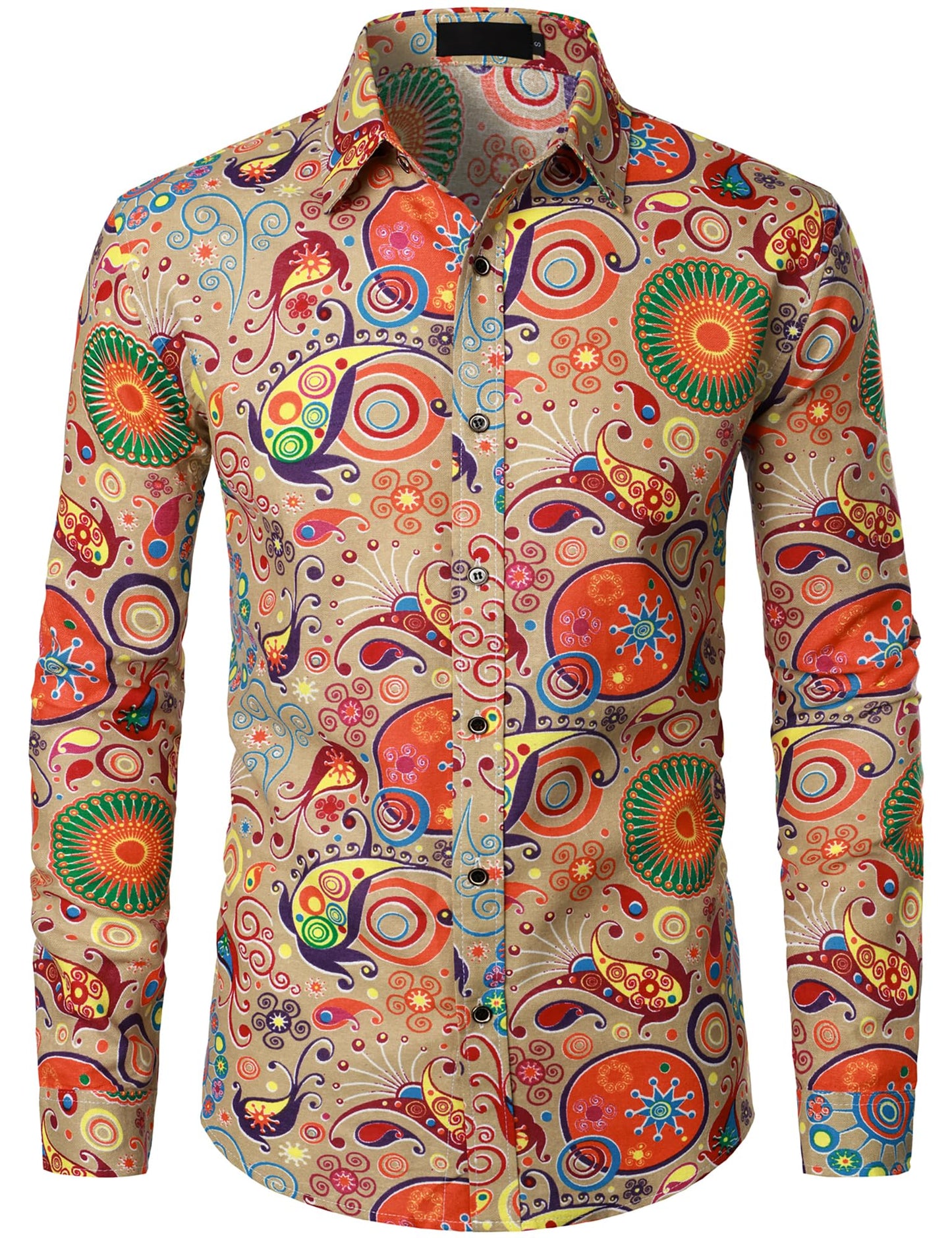 PARKLEES Men's Linen 70s Hippie Traditional Style Pattern Printed Long Sleeve Button up Shirt Khaki Large