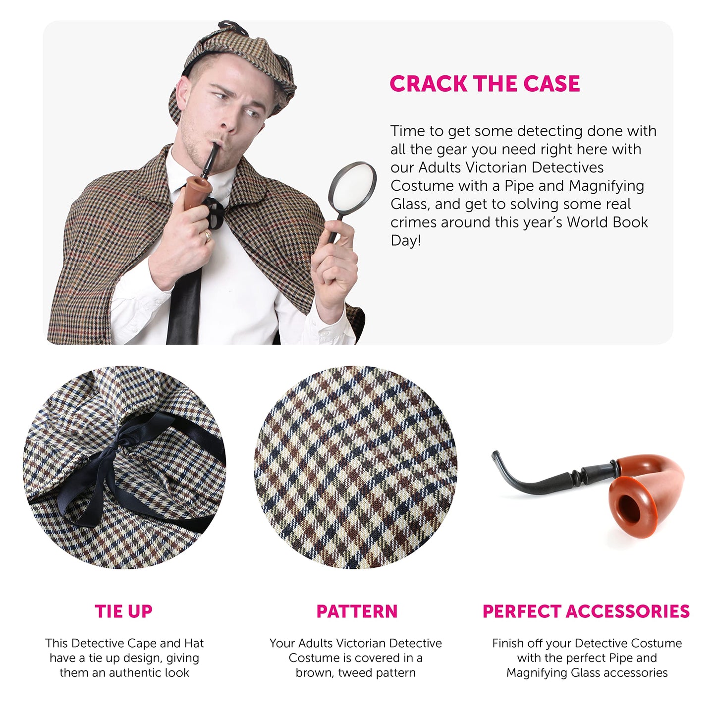 Adults Victorian Detective Costume - Standard - Victorian Cape, Matching Deerstalker Hat, Black Bowtie, Fake Pipe and Magnifying Glass - Adults World Book Day Book Week Fancy Dress Costume