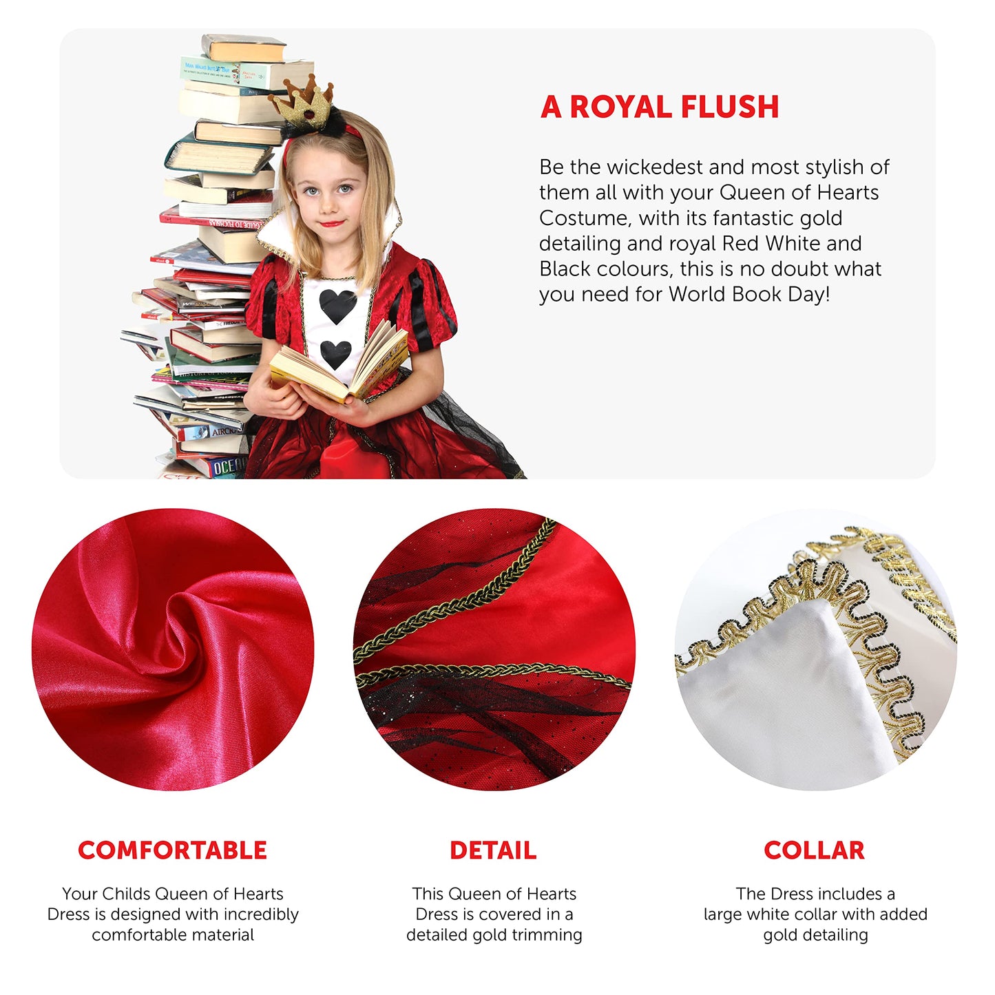 Girls Heart Queen Costume - Large - Red Dress with Heart Detailing, Gold Crown on Headband and Striped Tights - Kids World Book Day Book Week Fancy Dress Costume