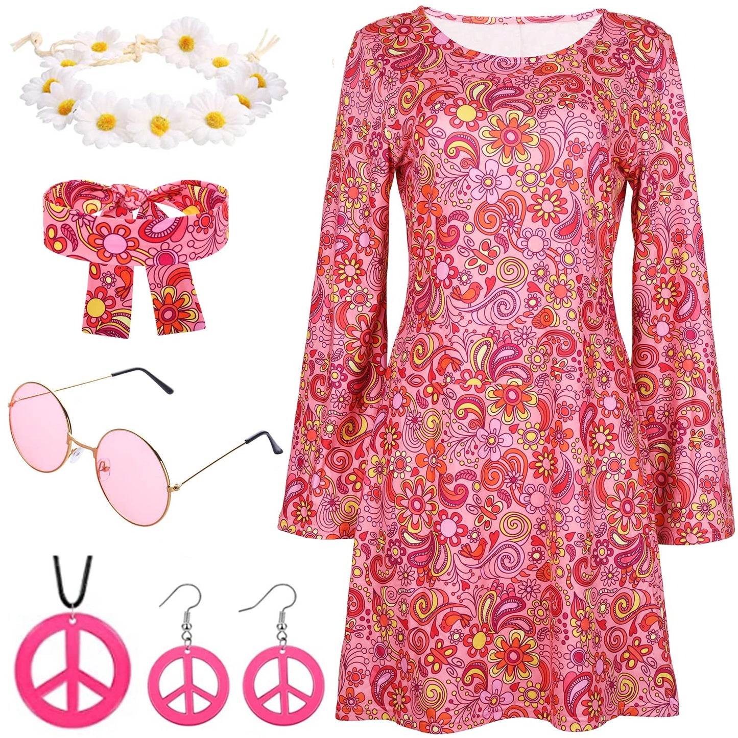 YADODO 60s 70s Fancy Dress Women Disco Hippie Costume with Accessories 1970s 1960s Hippie Fancy Dress Clothes for Women Adult70 Style Ladies Pink Flower Power Dress (XXL)