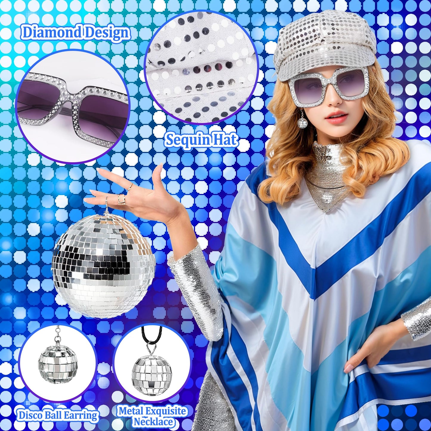 Bryndo 5 Pcs 70s Fancy Dress Set for Women, Disco Costume Accessories with Pop Poncho Sequin Beret Hat Square Bling Sunglasses Earrings Necklace for 70s Theme Party Dress Up (Sliver)