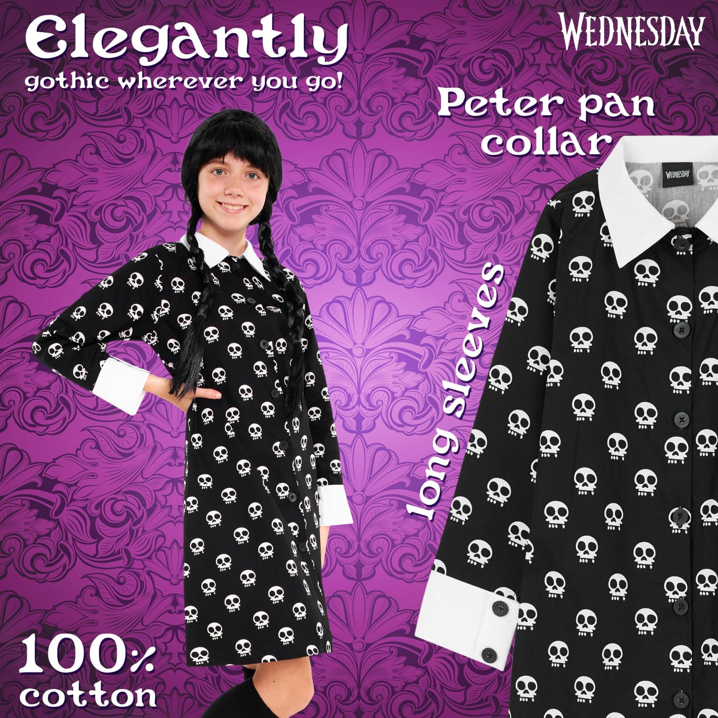 Wednesday Dress for Girls & Teens 7-16 Years, Halloween Dress with Long Sleeves & Peter Pan Collar, Halloween Costume Girls (Black AOP, 11-12 Years)