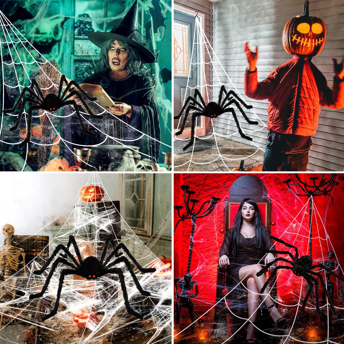 BOSONER Halloween Decorations, 1Pcs 50'' Giant Spider + 200” Triangular Spider Web, with Hook, Stretch Web and Ground Stakes for Indoor Outdoor Halloween Decor Haunted House Props