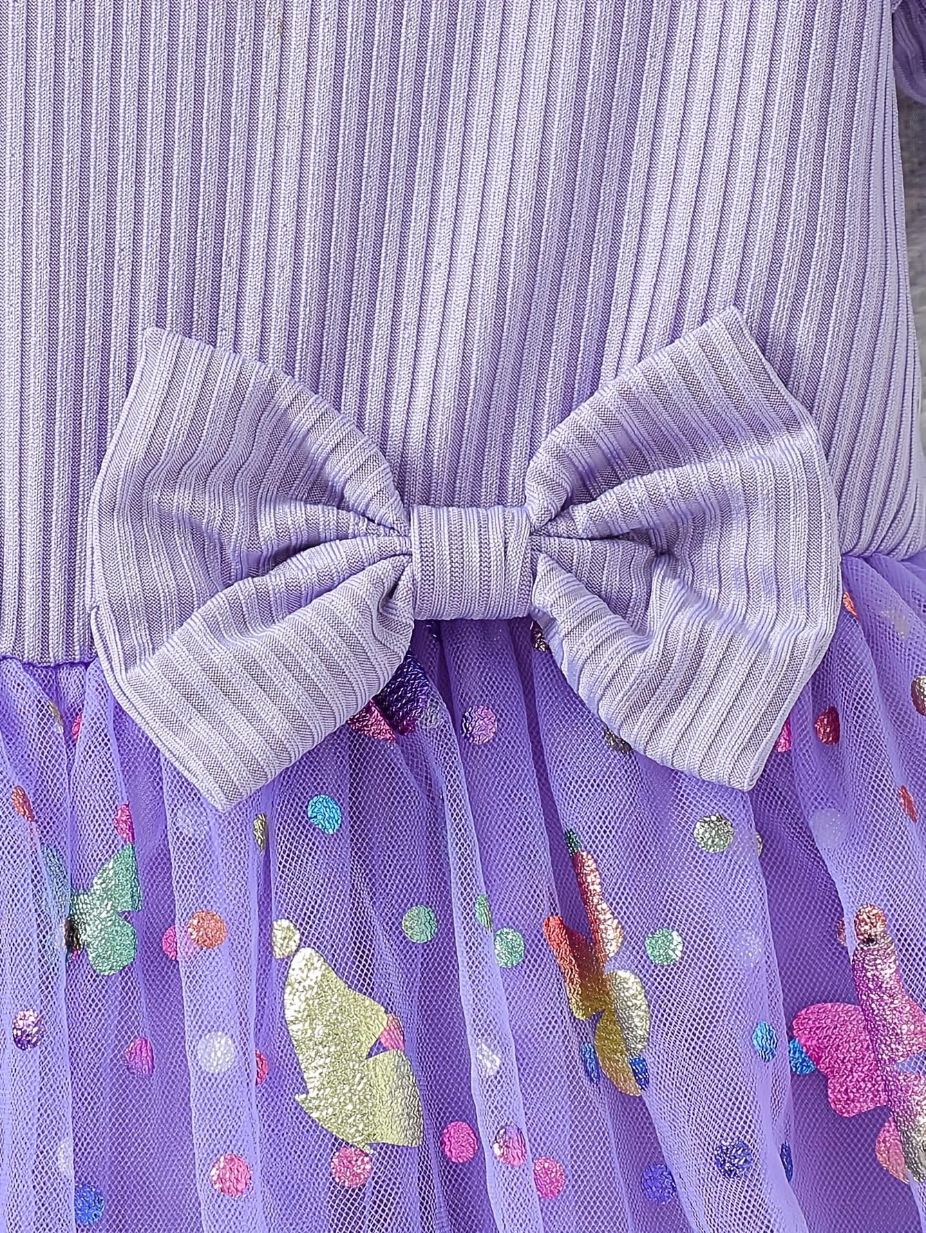 Girls Purple Flower Girl Dress Tulle Tutu Princess Dress Butterfly Dress with Ruffle Sleeves and Bowknot, Birthday Dress for Girls Aged 3 Years, Ideal for Spring Outings and Family Gatherings