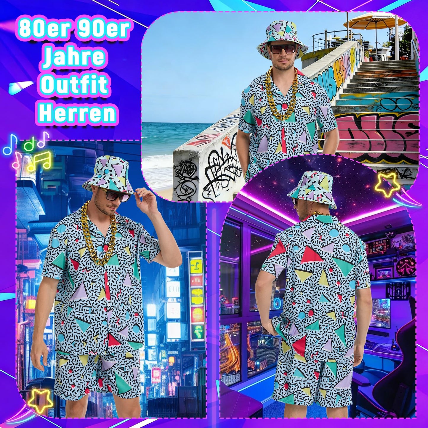 HZVRTN 80s Fancy Dress Men Hip-Hop T-Shirts And Shorts Set, 7Pcs Retro 80s 90s Hip-Hop Sportswear, Shell Suit Mens Fancy Dress Costume for Beach Party, Music Festival, Carnival, Disco (Green, L)