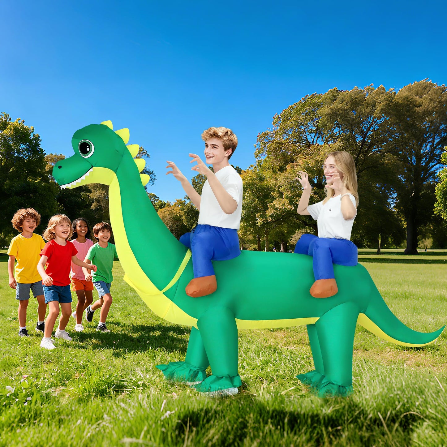 Poptrend Couple Inflatable Dinosaur Costume for Adult Blow Up Costumes 2 Person Halloween Funny Ride On Brachiosaurus Costumes for Men Women Funny Fancy Dress Party