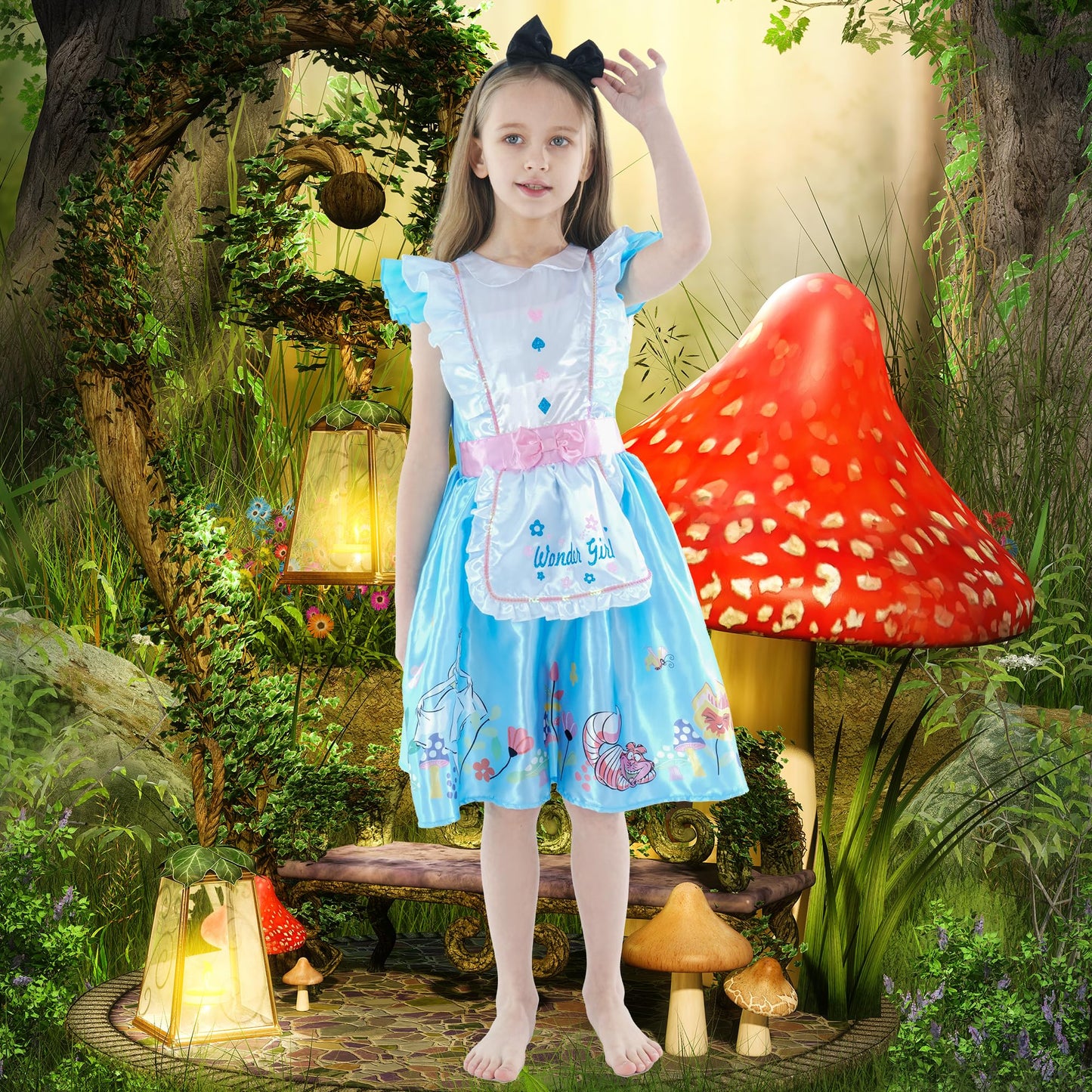 Webeasy Alice Costumes Kids, Alice in Wonderland Costume Set with Hairband for Girls World Book Day Costumes 5-6 Years