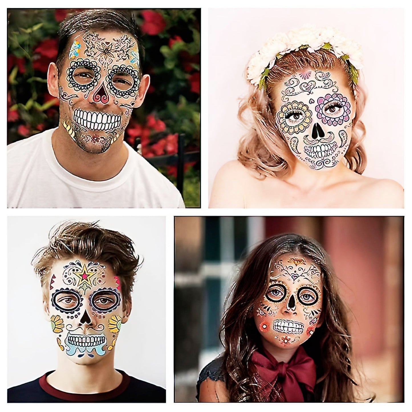 12 PCS Day of the Dead Costume Tattoos for Halloween - Temporary Sugar Skull Face Stickers for Makeup, Masquerade, Parties. Face & Body Tattoos for Events