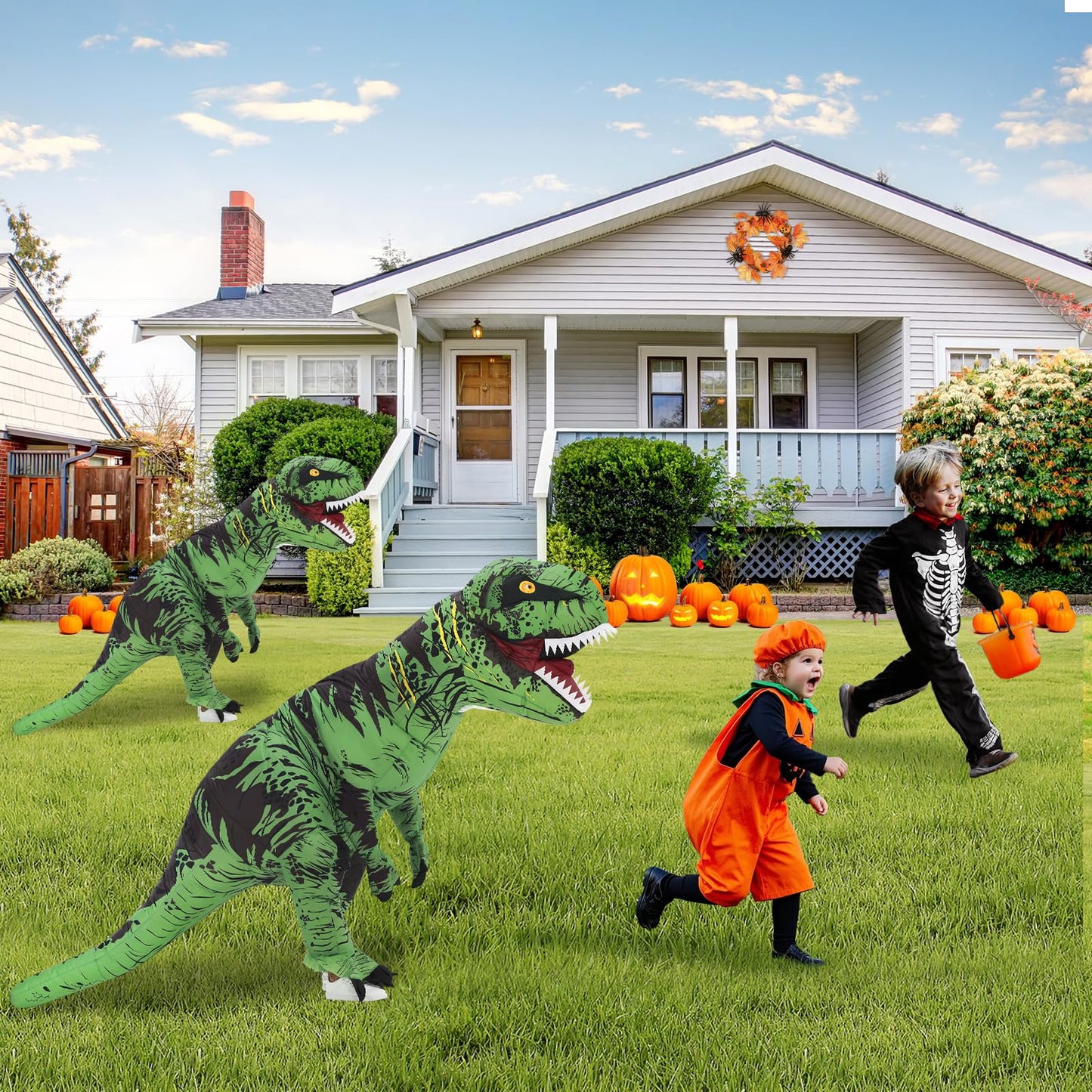 Poptrend Inflatable Dinosaur Costume for Adult Kids, T-Rex Dinosaur Costumes Funny Halloween Dinosaur Costume Party Cosplay Fancy Dress Men Women Party (Green Teenagers)