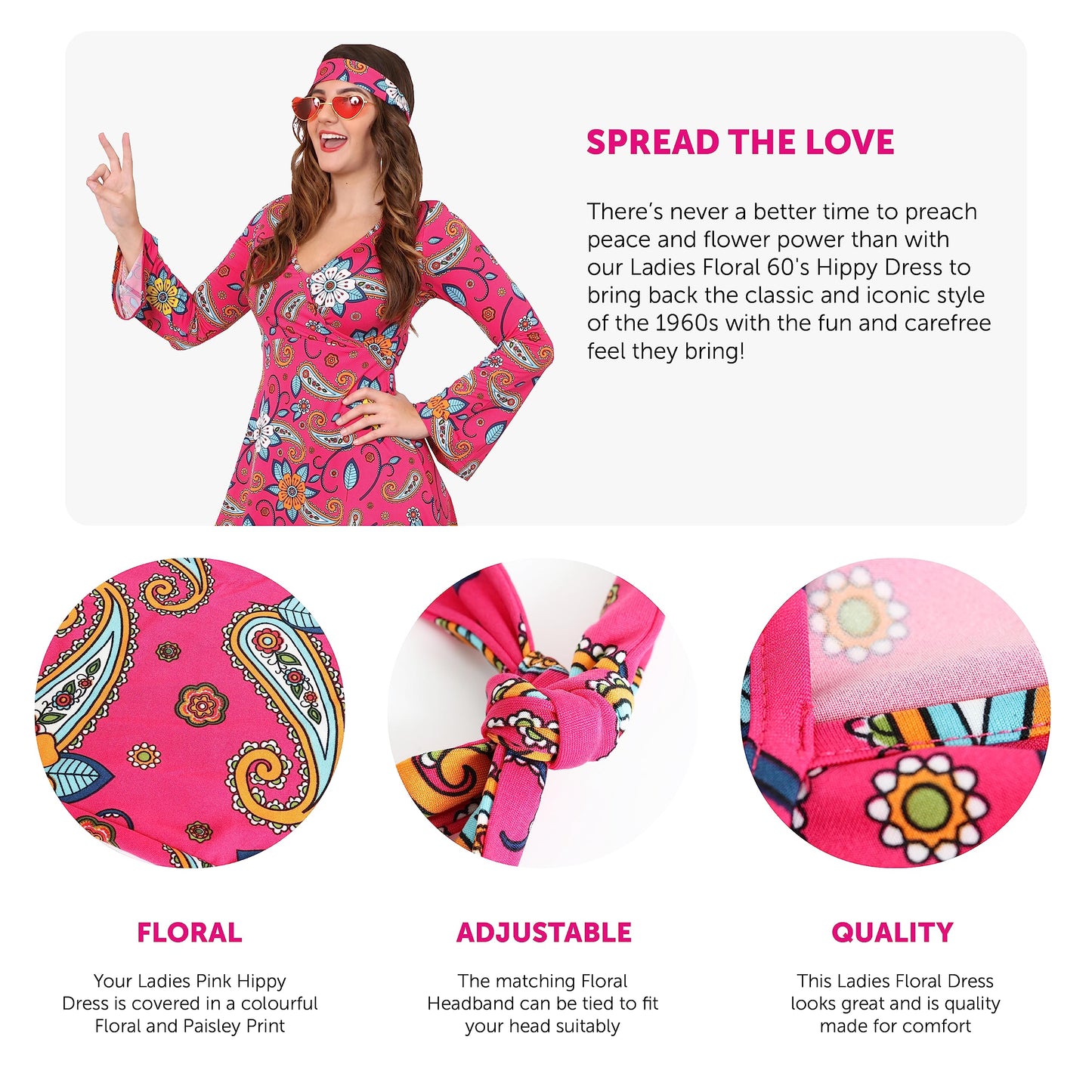 60's Floral Hippy Dress - XXLarge - Pink Floral Paisley Hippy Dress and Matching Go-go Headband - Perfect for 60's Fancy Dress