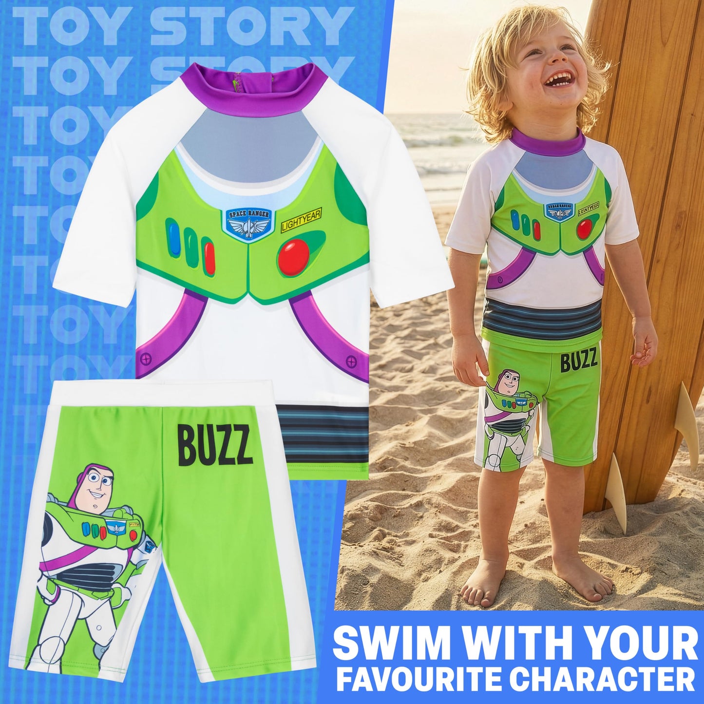 Toy Story Buzz Lightyear Boys Swimsuit Set, 2 Pcs Swimming Costume Swim Shorts & Rash Vest, Pool Beach Holiday Essentials (5-6 Years, White/Green Buzz)
