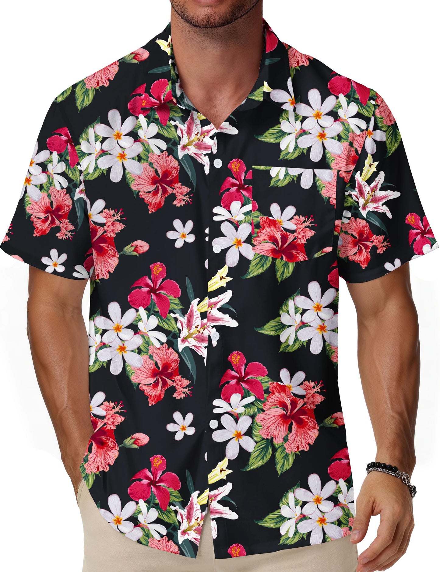 Men's Hawaiian Shirt Short Sleeve with Pocket - Black Tropical