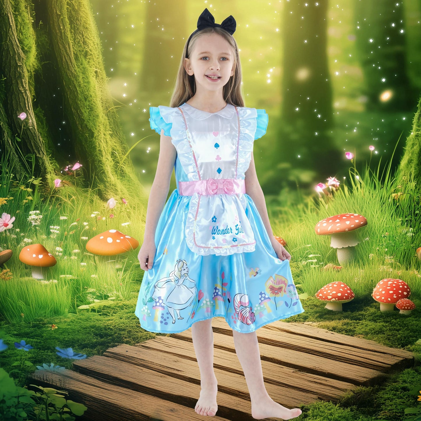 Webeasy Alice Costumes Kids, Alice in Wonderland Costume Set with Hairband for Girls World Book Day Costumes 5-6 Years
