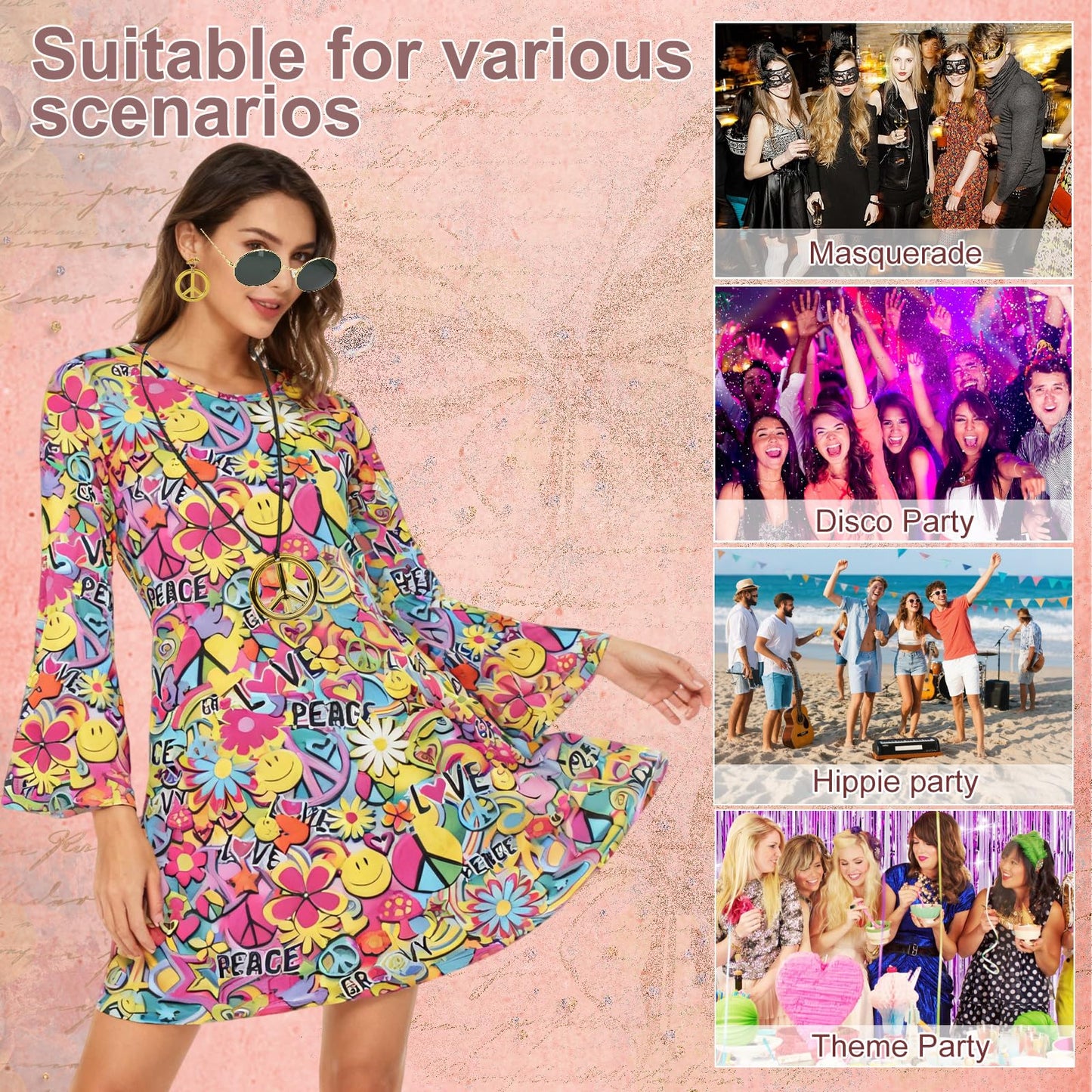 AYBUY Women’s Hippie Dress, 60s 70s Fancy Dress Women Disco Outfit with Necklace, Earrings, Sunglasses and Band, 1960s 1970s Retro Hippy Clothes for Halloween Carnival Cosplay Party, M (Style A
