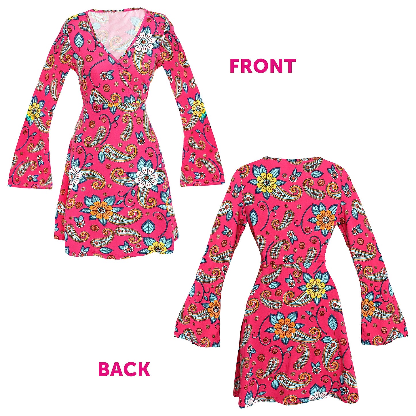 60's Floral Hippy Dress - XXLarge - Pink Floral Paisley Hippy Dress and Matching Go-go Headband - Perfect for 60's Fancy Dress