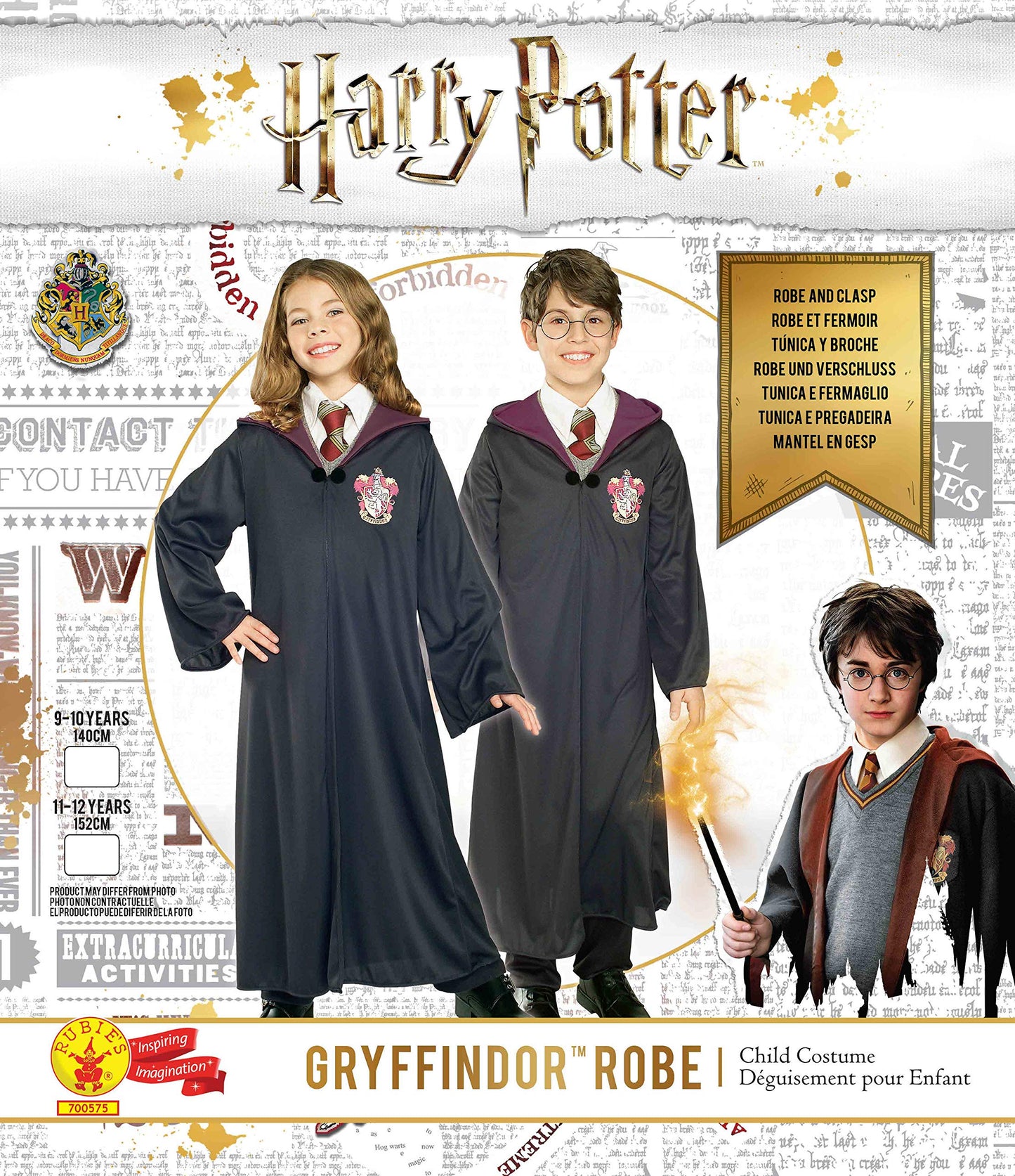 Rubie's Official Harry Potter Gryffindor Classic Robe Costume, Childs Size Age 9-10 Years & Official Harry Potter Hermione Granger Wand Costume Accessory