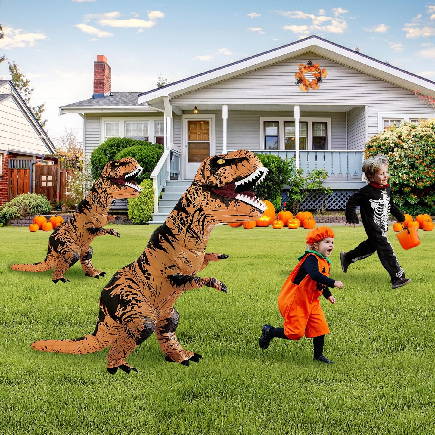 Poptrend Inflatable Dinosaur Costume for Adult Kids, T-Rex Dinosaur Funny Halloween Costume for Party Cosplay Fancy Dress Men Women Party (Teenagers)