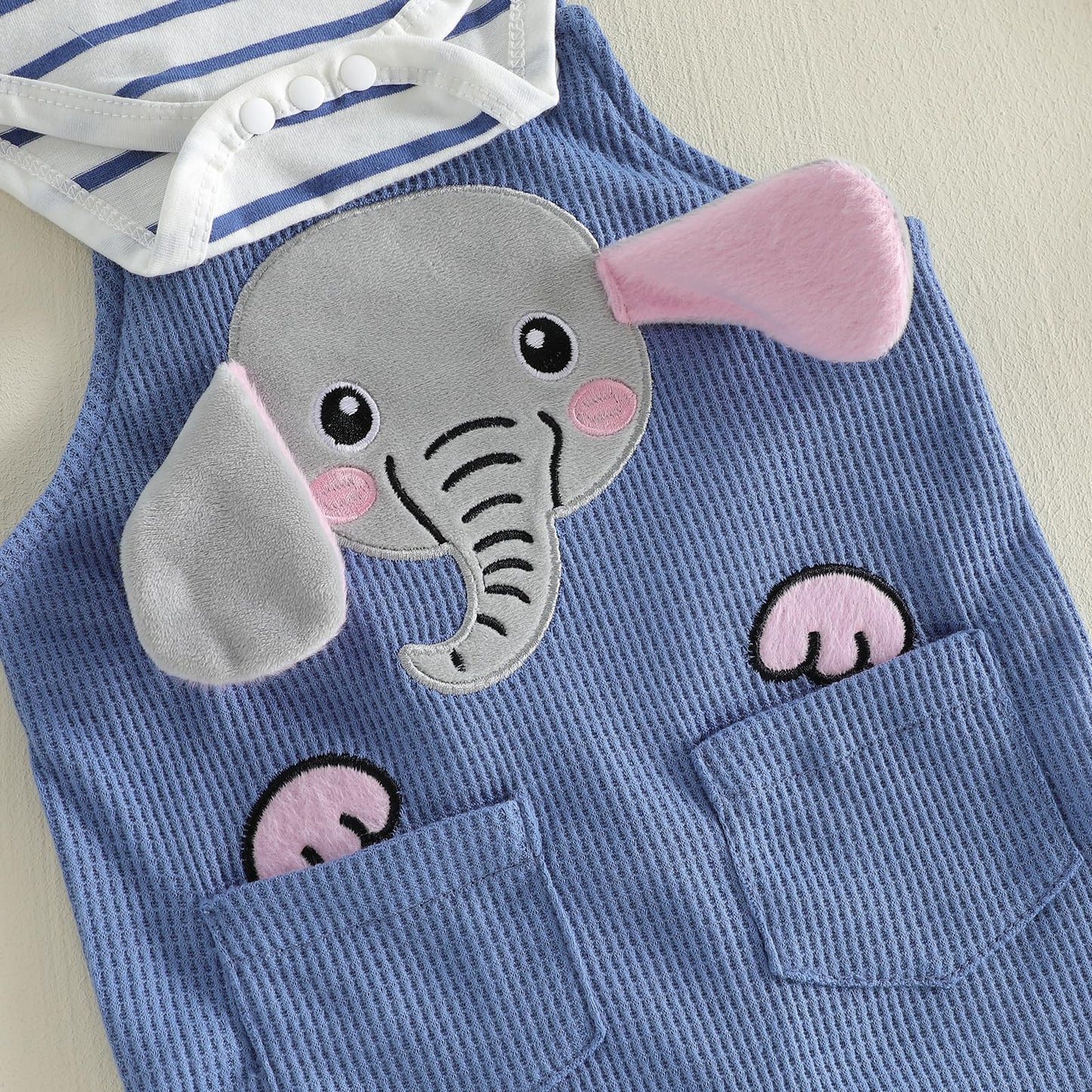 Vioyavo Newborn Baby Boy 3Pcs Summer Outfit Striped Short Sleeve Romper Top Elephant/Dinosaur Pattern Overall Pants Hat Clothes Set (Blue, 0-3 Months)