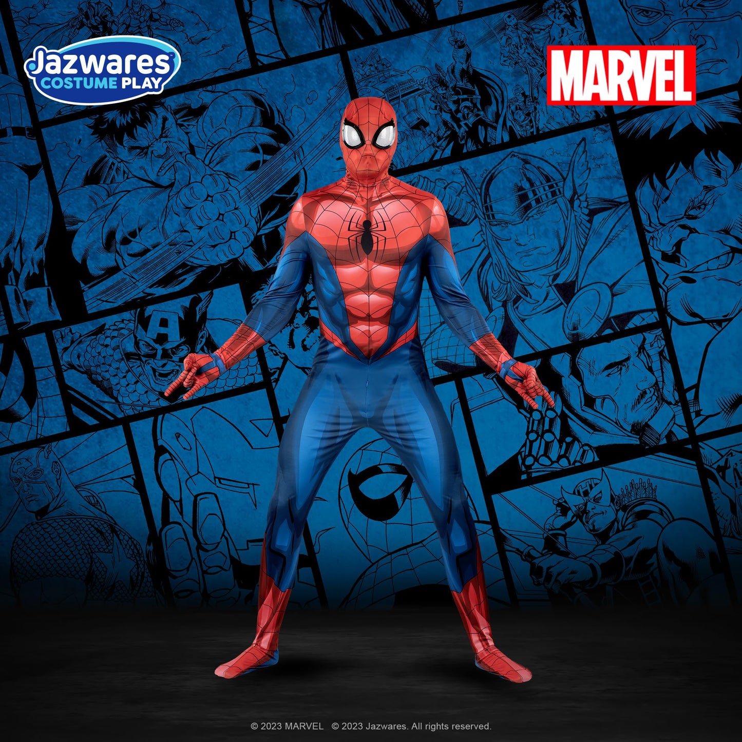 marvel Spider-Man Official Adult Deluxe Zentai Suit - Spandex Jumpsuit with Printed Design and Detachable Spandex Mask with Plastic Eyes