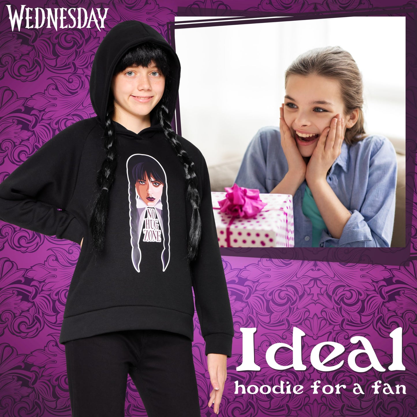 Wednesday Girls Hoodie - Hooded Sweatshirt for Teenagers 7-16 Years Soft Warm Casual Streetwear - Gifts (Black/Hug, 15-16 Years)
