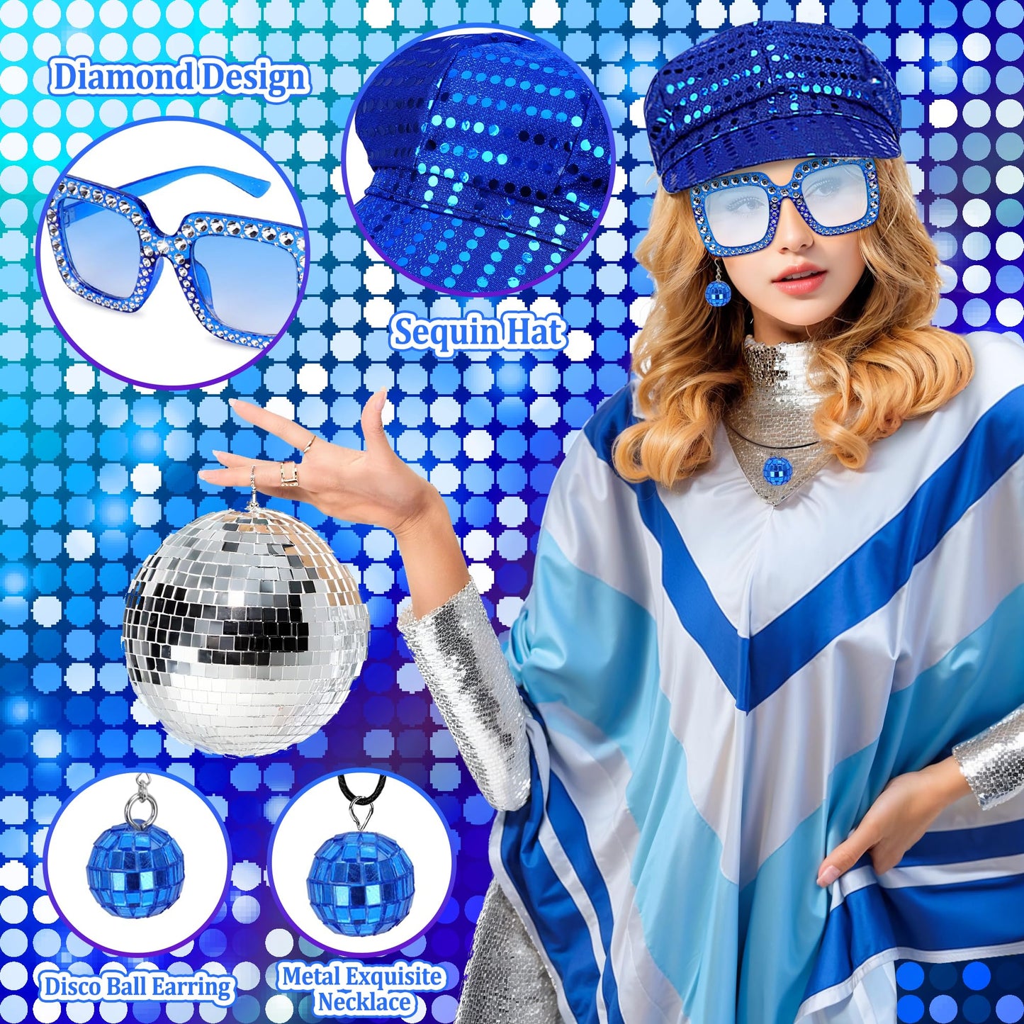 Bryndo 5 Pcs 70s Fancy Dress Set for Women, Disco Costume Accessories with Pop Poncho Sequin Beret Hat Square Bling Sunglasses Earrings Necklace for 70s Theme Party Dress Up (Blue)
