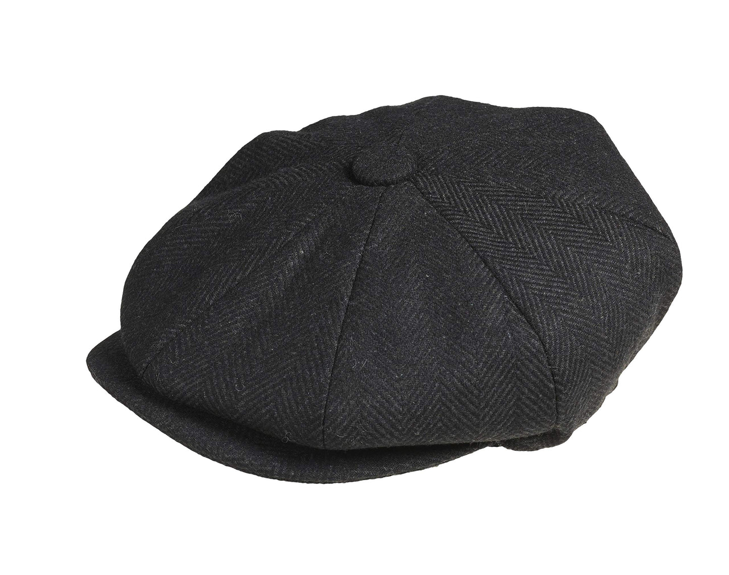 'newsboy' Style Flat Cap -Melton Wool Fabric Black Herringbone