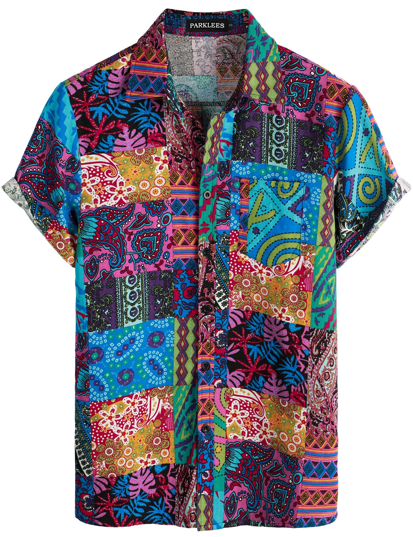 PARKLEES Men's Linen 70s Hippie Style Floral Print Shirt Short Sleeve Button Down Hawaiian Shirts Blue Pink Large