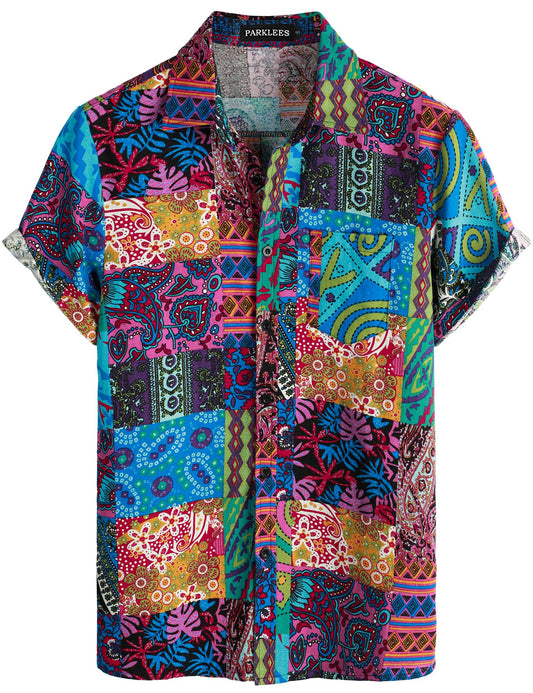 Mens linen 70s hippie style floral print shirt short sleeve