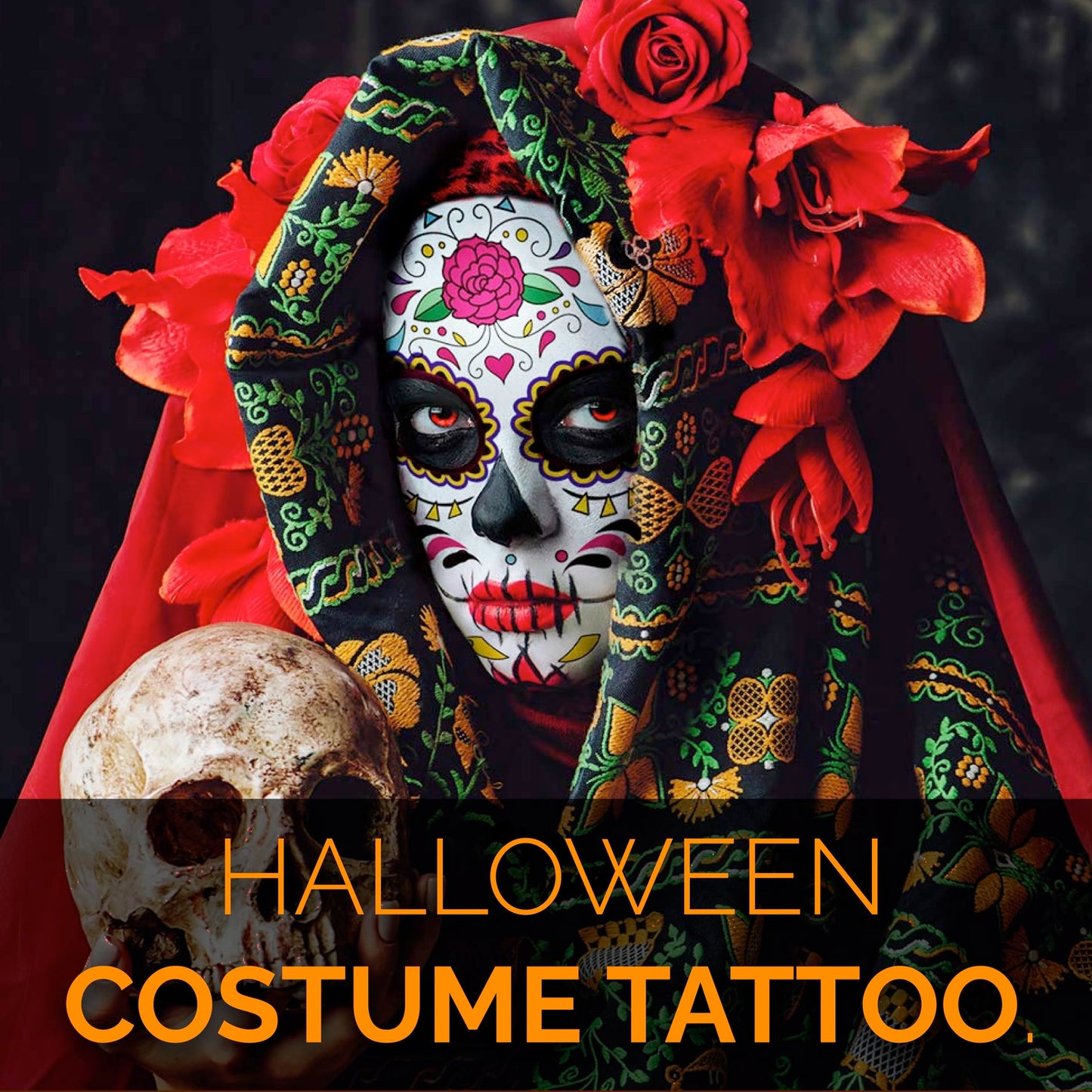 12 PCS Day of the Dead Costume Tattoos for Halloween - Temporary Sugar Skull Face Stickers for Makeup, Masquerade, Parties. Face & Body Tattoos for Events