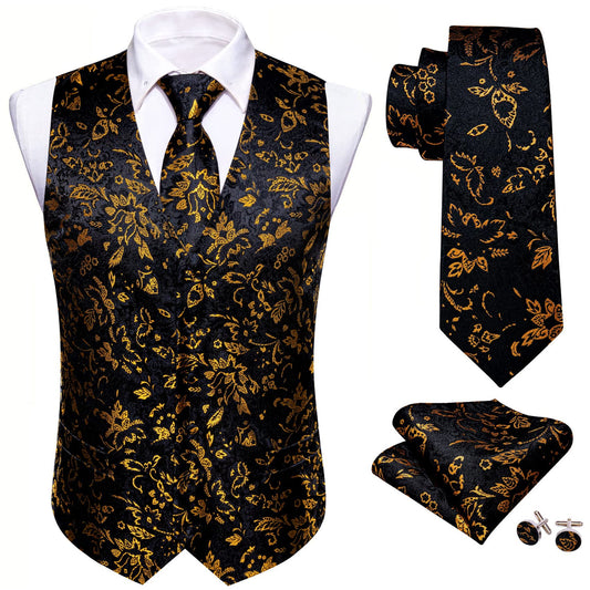 Mens paisley black gold waistcoat flower jacquard v-neck vest