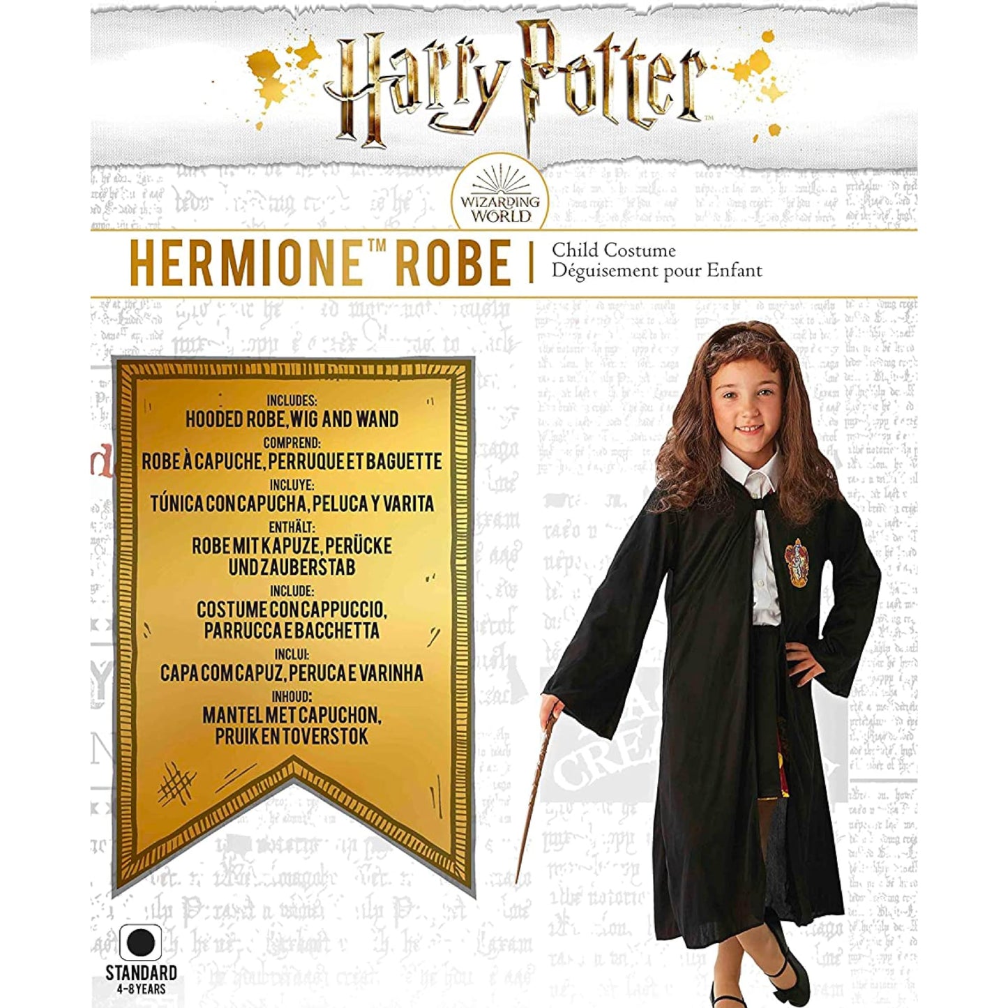 Rubies Official Harry Potter Hermione Granger Gryffindor Costume Set, with Robe, Wig and Wand, One Size Approx Age 4-8 Years, Black Halloween