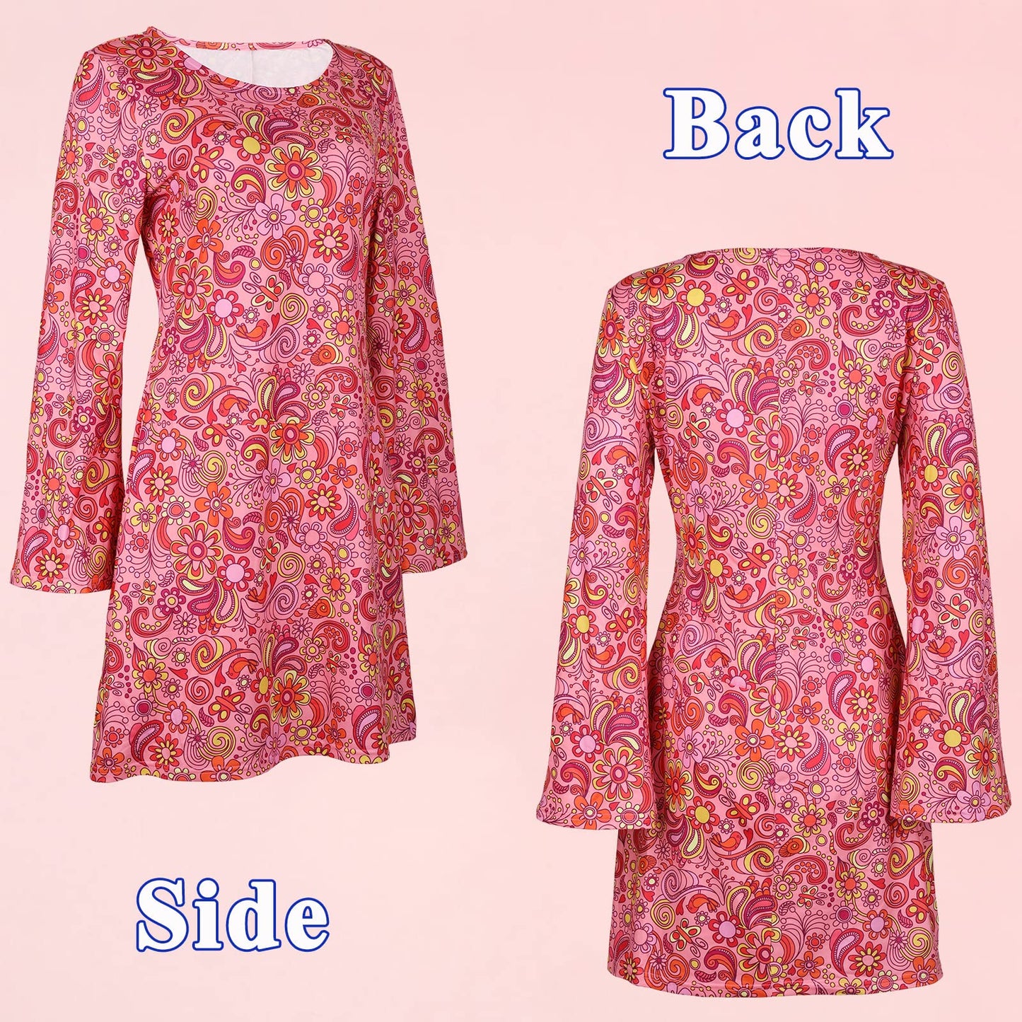 YADODO 60s 70s Fancy Dress Women Disco Hippie Costume with Accessories 1970s 1960s Hippie Fancy Dress Clothes for Women Adult70 Style Ladies Pink Flower Power Dress (XXL)