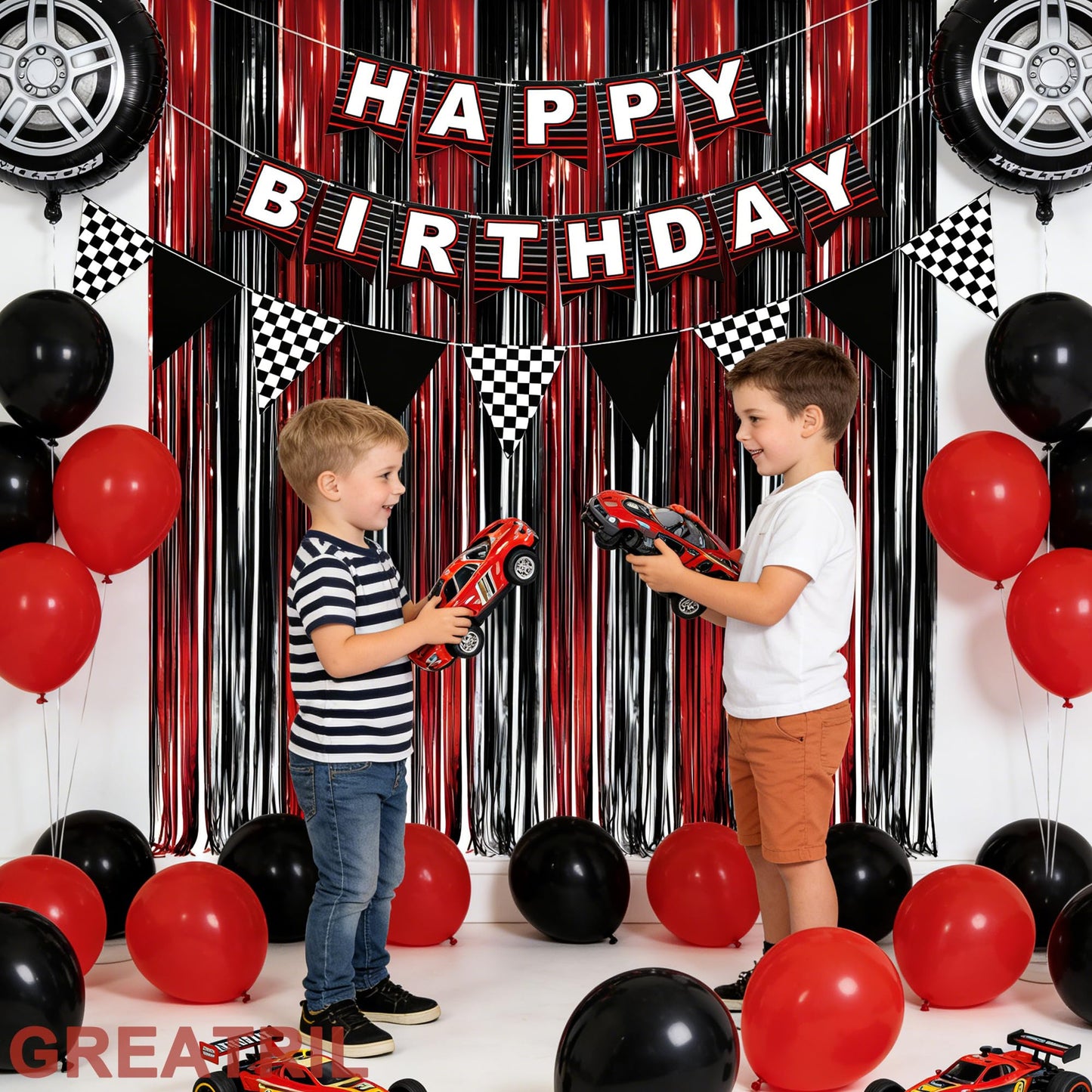 Black Red Foil Fringe Backdrop - GREATRIL Party Tinsel Curtain Streamers for Halloween Horror Stranger Casino Graduation Birthday Party - 1m X2.5m - 2 Packs