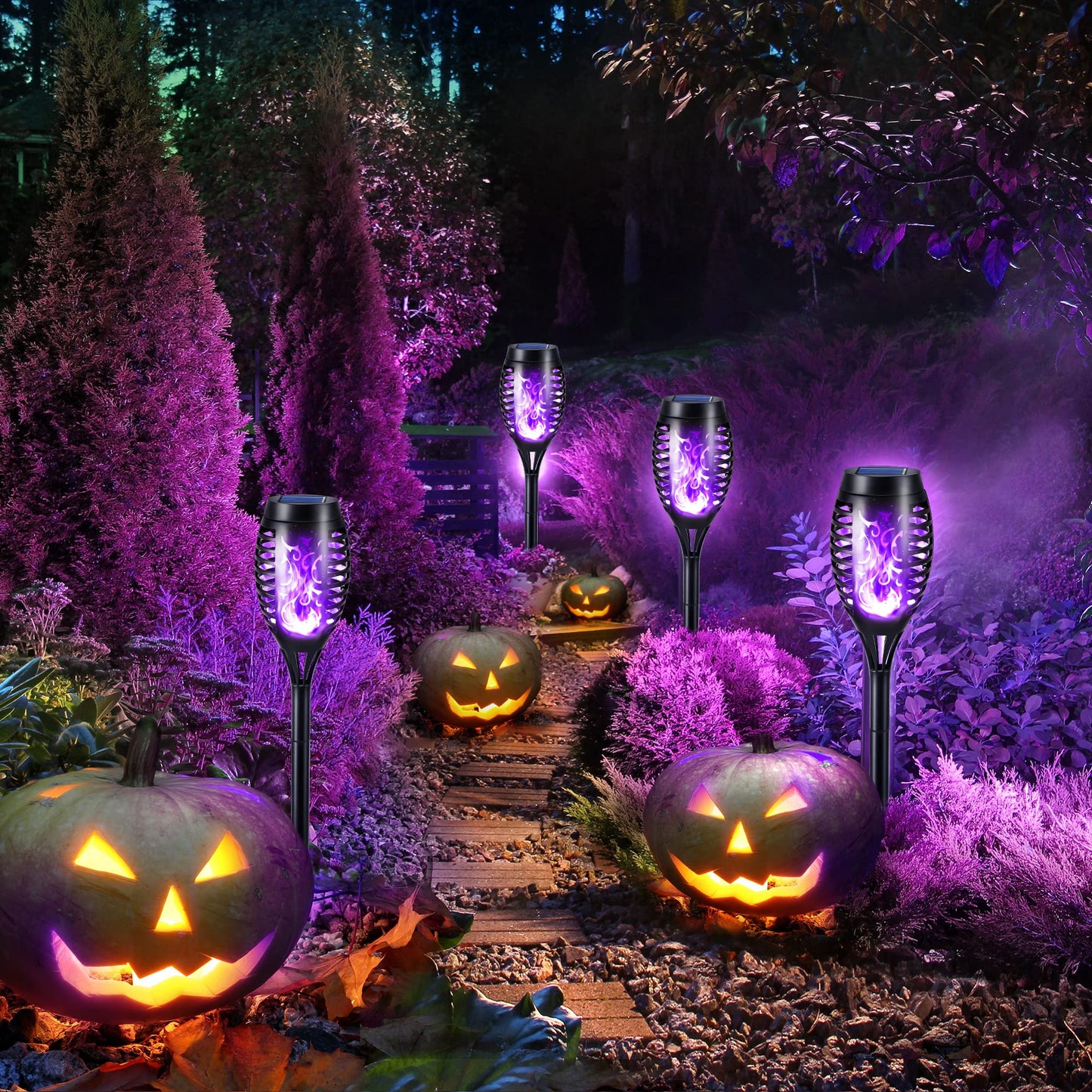 Geemoo 6 Pack Solar Flickering Dancing Flame Lights Purple Waterproof Solar Torch Lights for Outdoor Garden Patio Pathway Yard Driveway Halloween Decorative