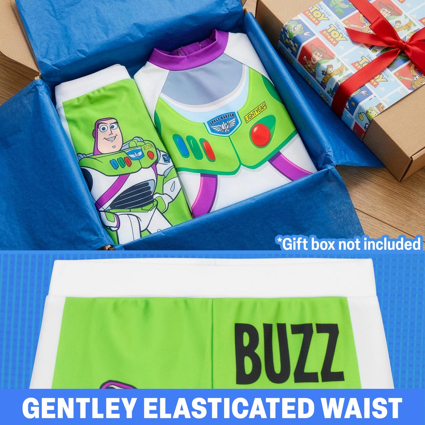 Toy Story Buzz Lightyear Boys Swimsuit Set, 2 Pcs Swimming Costume Swim Shorts & Rash Vest, Pool Beach Holiday Essentials (5-6 Years, White/Green Buzz)