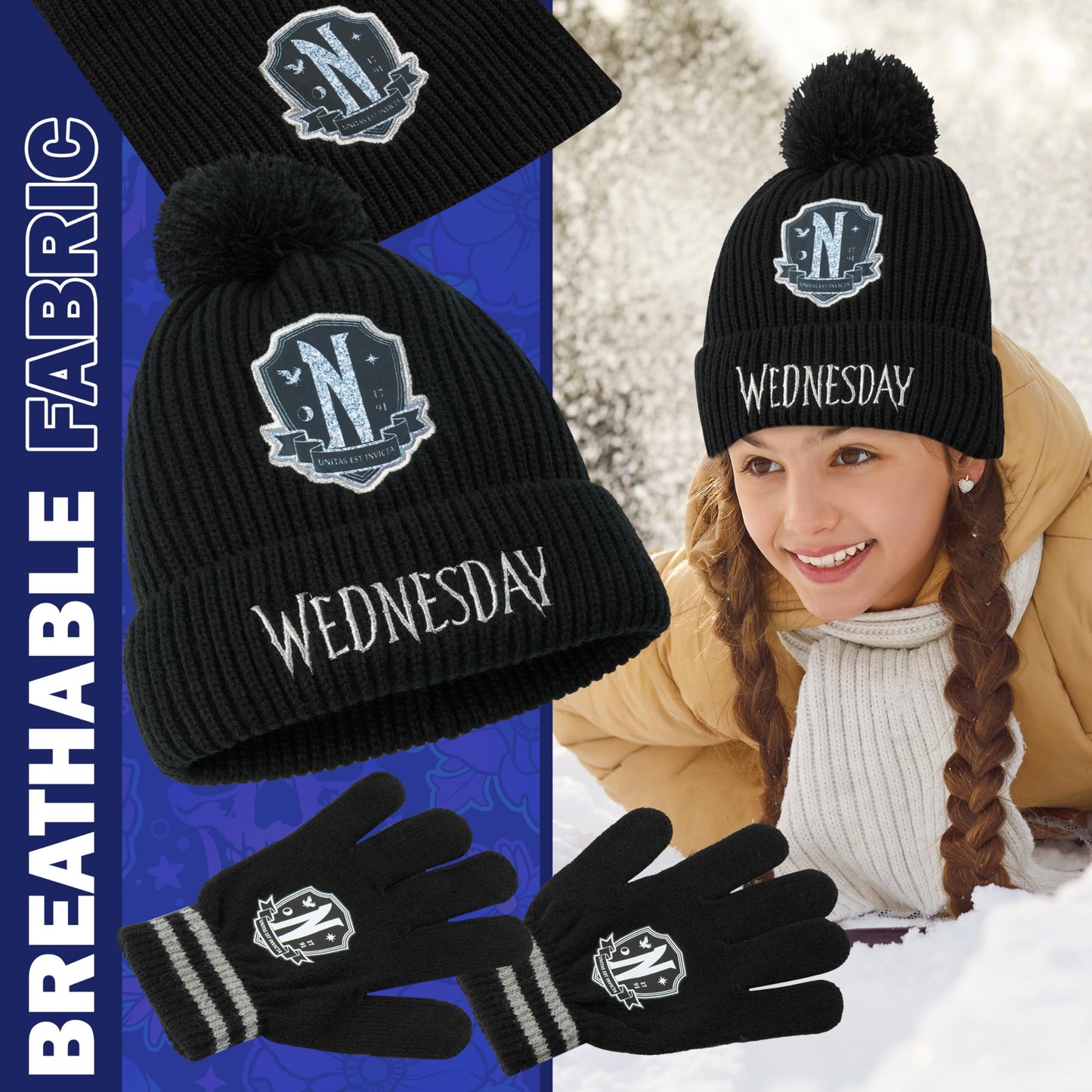 Wednesday Beanie Winter Accessories Set for Girls & Teens 6-14 Years, 3pcs Warm Knit Hat Scarf Gloves, Gothic Gifts for Girls
