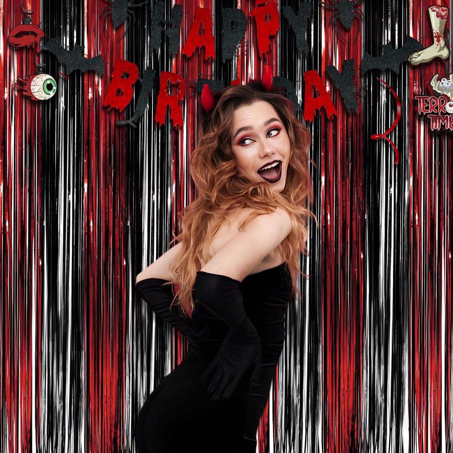 Black Red Foil Fringe Backdrop - GREATRIL Party Tinsel Curtain Streamers for Halloween Horror Stranger Casino Graduation Birthday Party - 1m X2.5m - 2 Packs