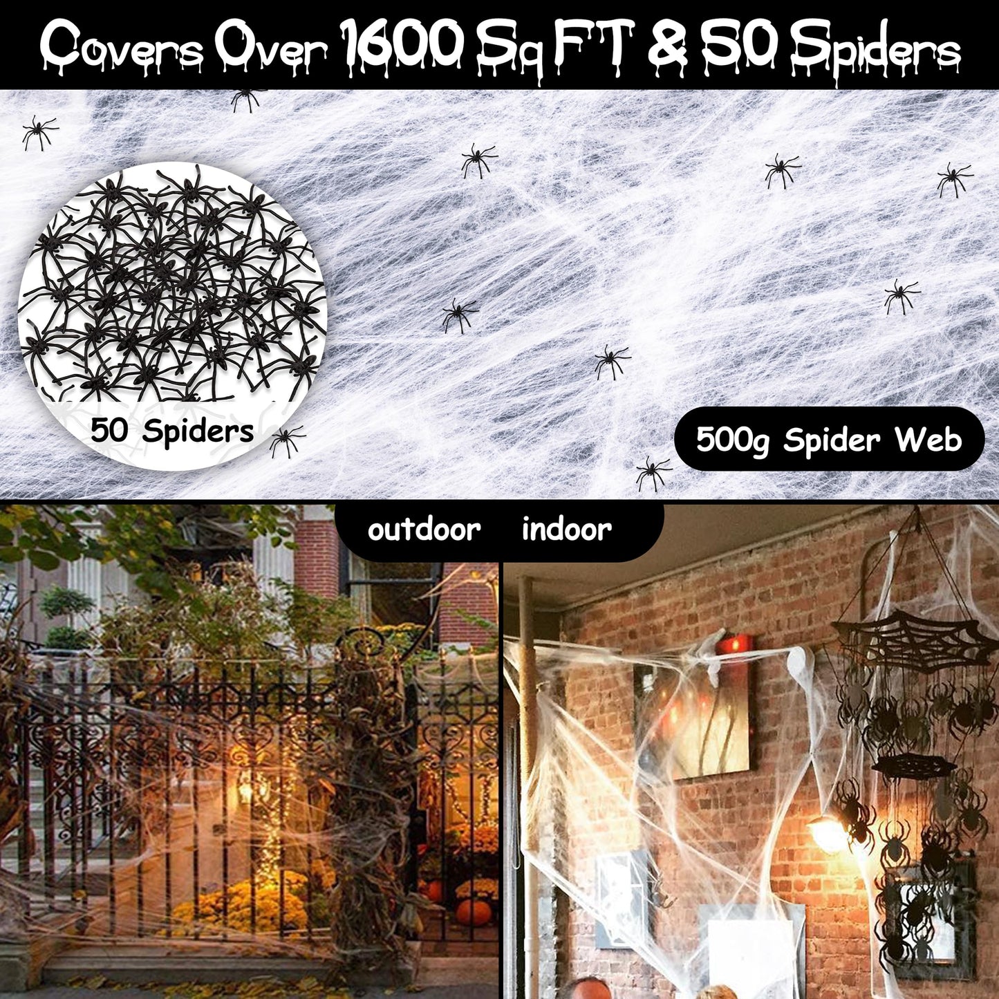 Cover 3000 Square Feet 500g Halloween Spider Web Stretchable Cobweb with 50 pcs Small Spiders Halloween Indoor Outdoor Decorations