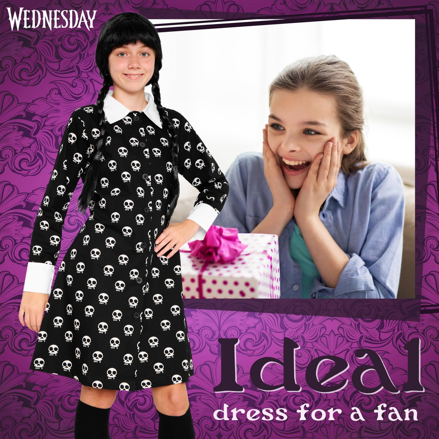 Wednesday Dress for Girls & Teens 7-16 Years, Halloween Dress with Long Sleeves & Peter Pan Collar, Halloween Costume Girls (Black AOP, 11-12 Years)