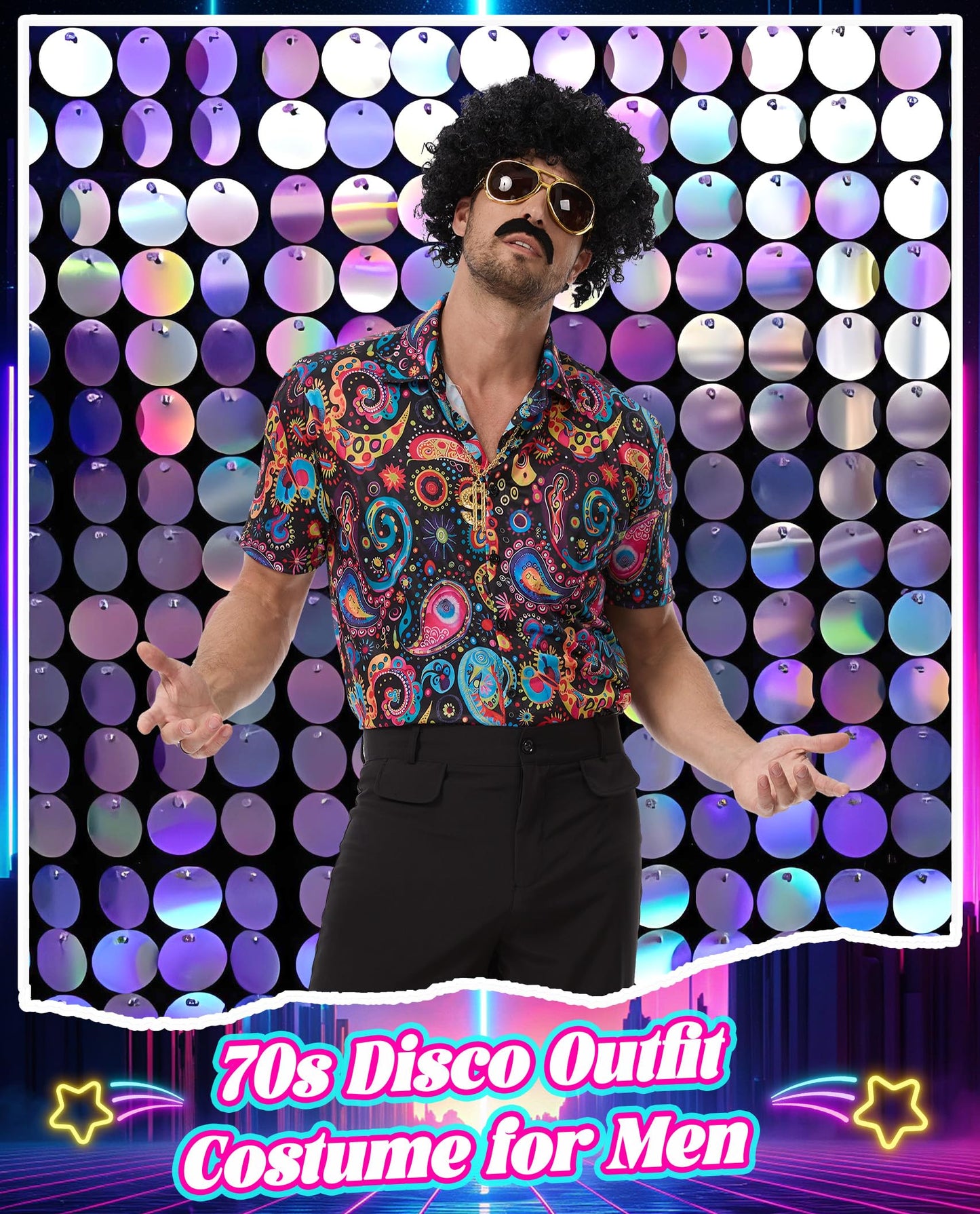 PQCXXA Men's 70s Disco Costume Set - Gold Sequin Shirt & Black Flared Trousers with Dollar Necklace, Sunglasses, Afro Wig & Moustache - Retro 1970s Fancy Dress Outfit for Men (Flower, XL)
