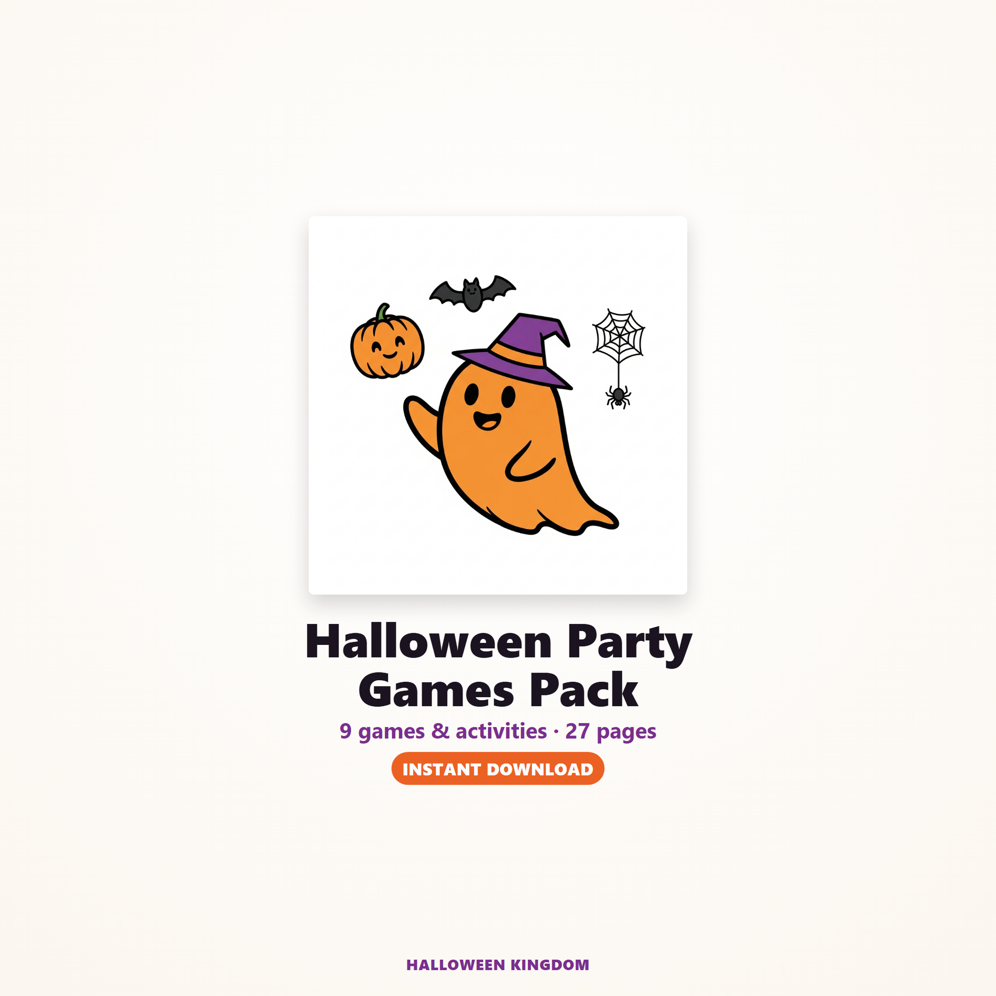 Kids Halloween Party Games Pack cover — 9 printable games, 27 pages