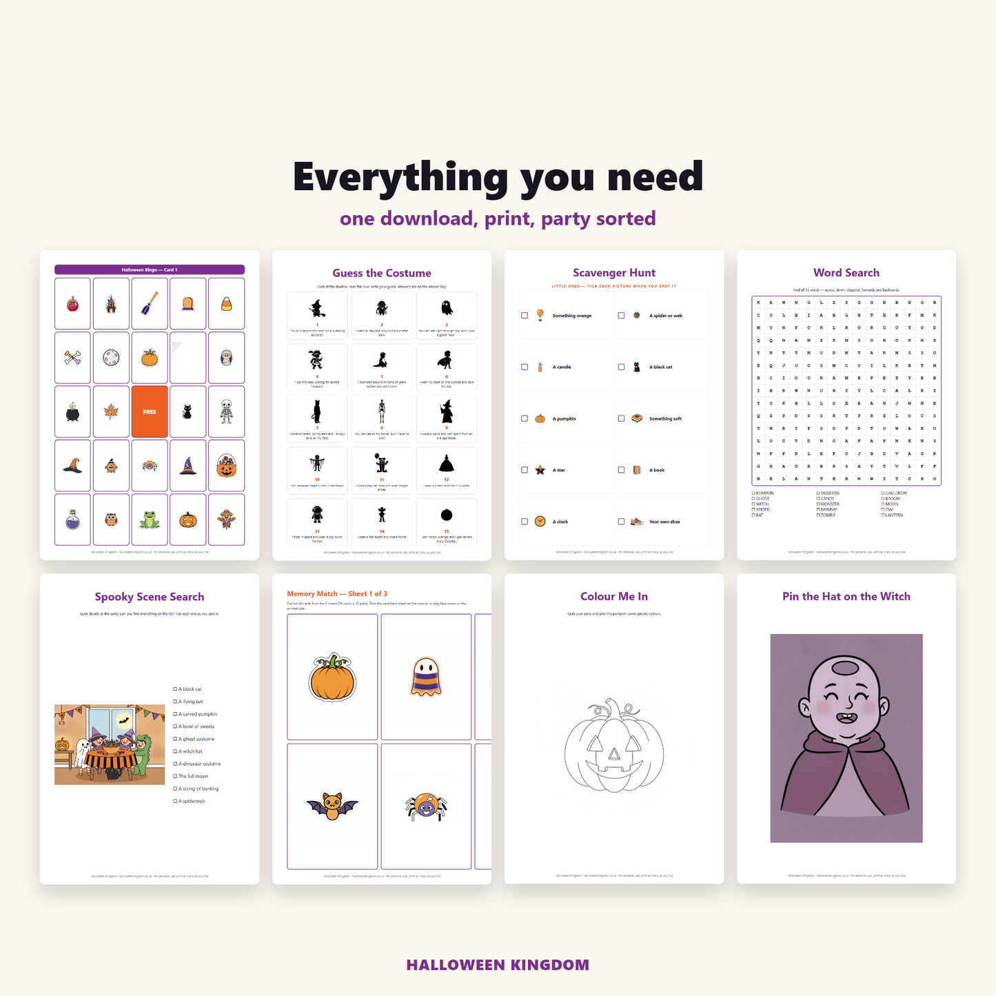 Eight of the printable pages — bingo, guess the costume, scavenger hunt, word search, spooky scene search, memory match, colour me in, pin the hat