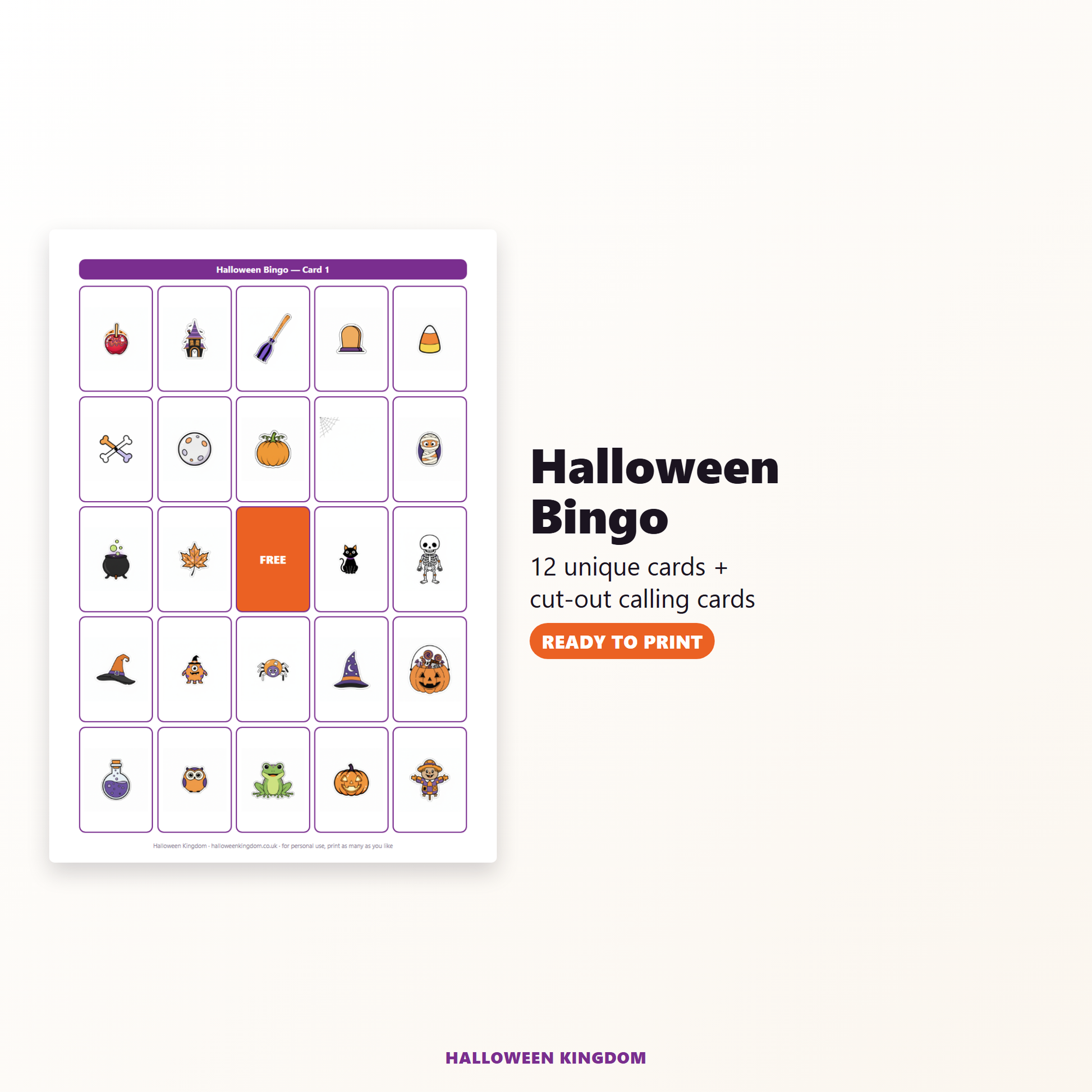 Halloween bingo card — 12 unique printable cards with cut-out calling cards