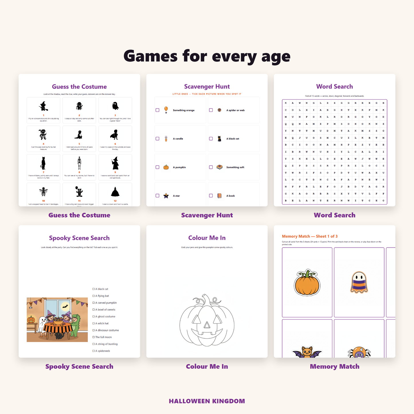 Six Halloween party games for different ages, printed and laid out