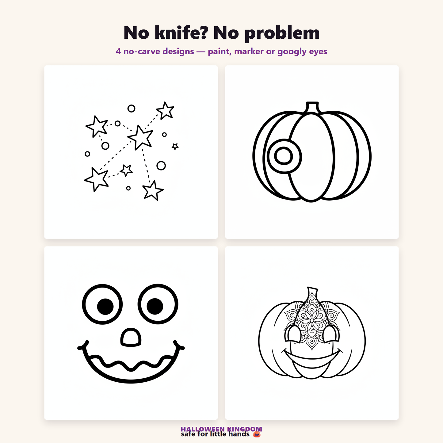 Four no-carve pumpkin designs for paint, marker or googly eyes
