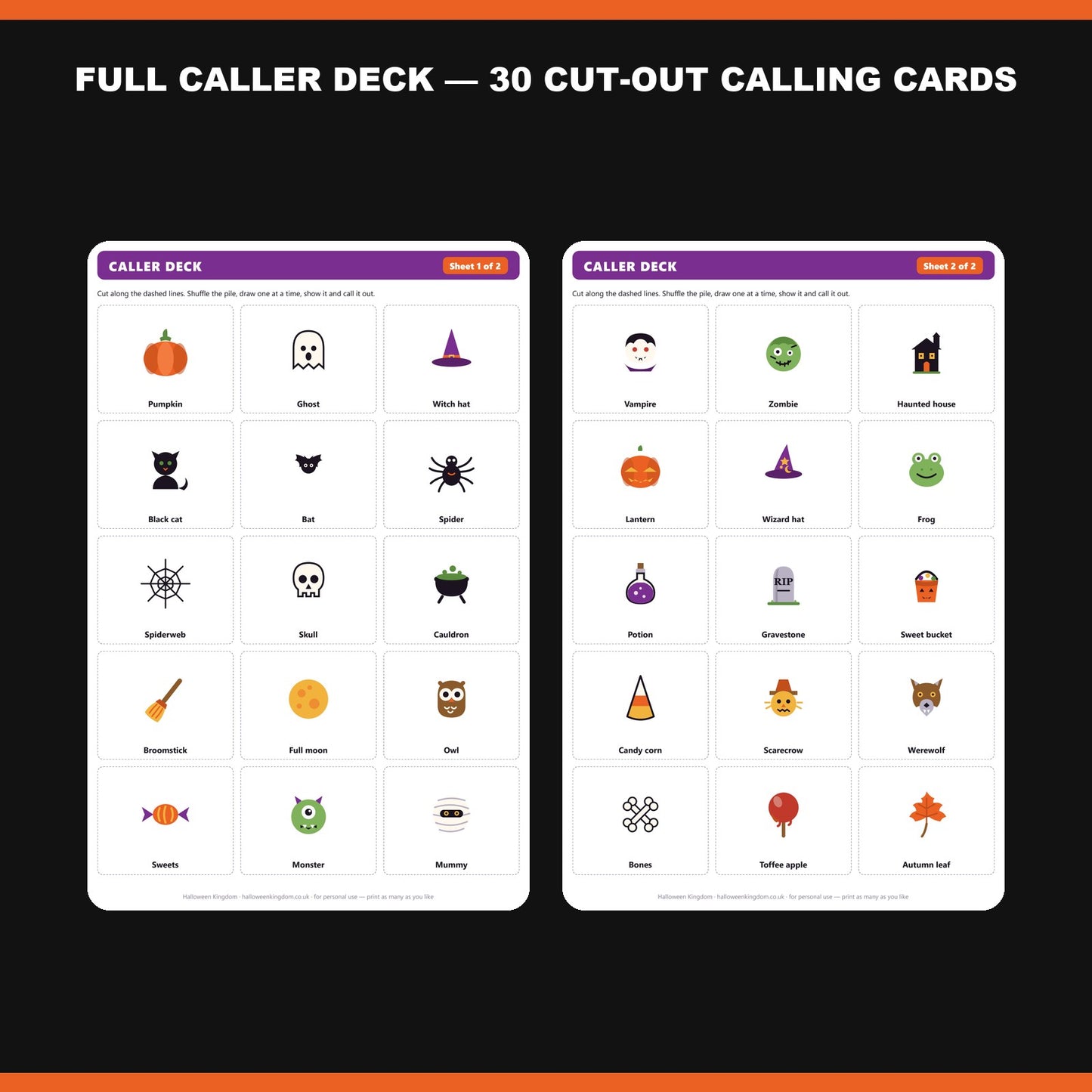 The full caller deck — 30 cut-out calling cards across two sheets