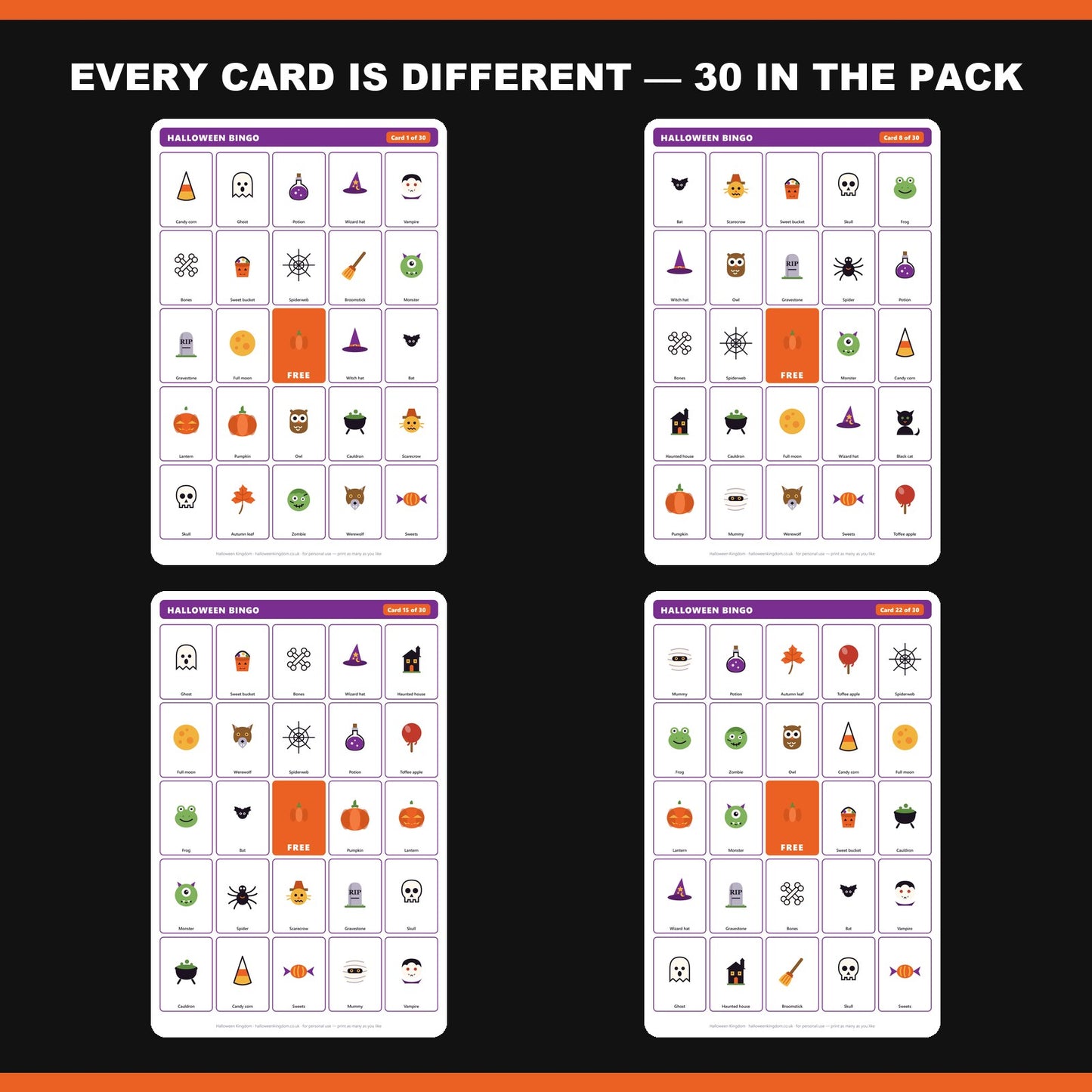 Four of the 30 unique bingo cards — cards 1, 8, 15 and 22, every card different